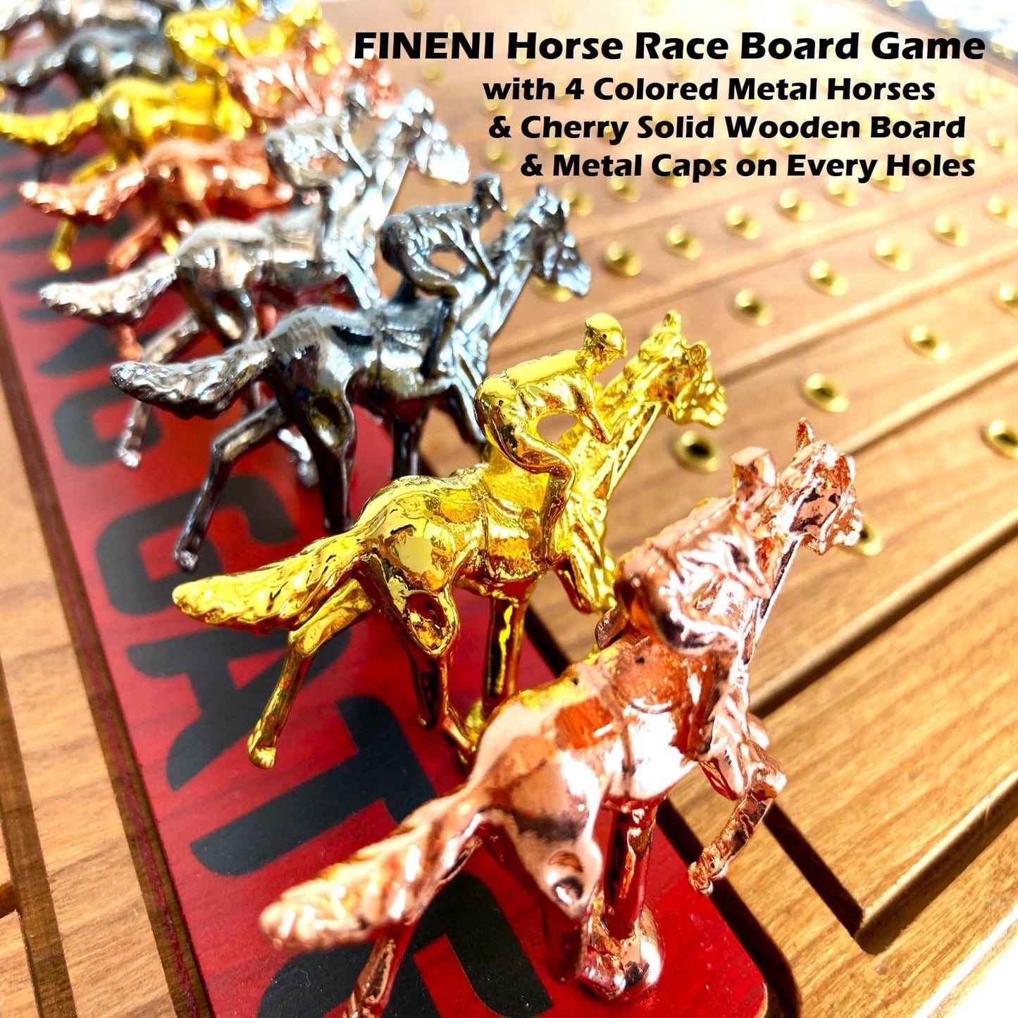 FINENI Horse Racing Game for Adults – 11 Luxe Metal Horses, 22-Inch Cherry Wood Board
