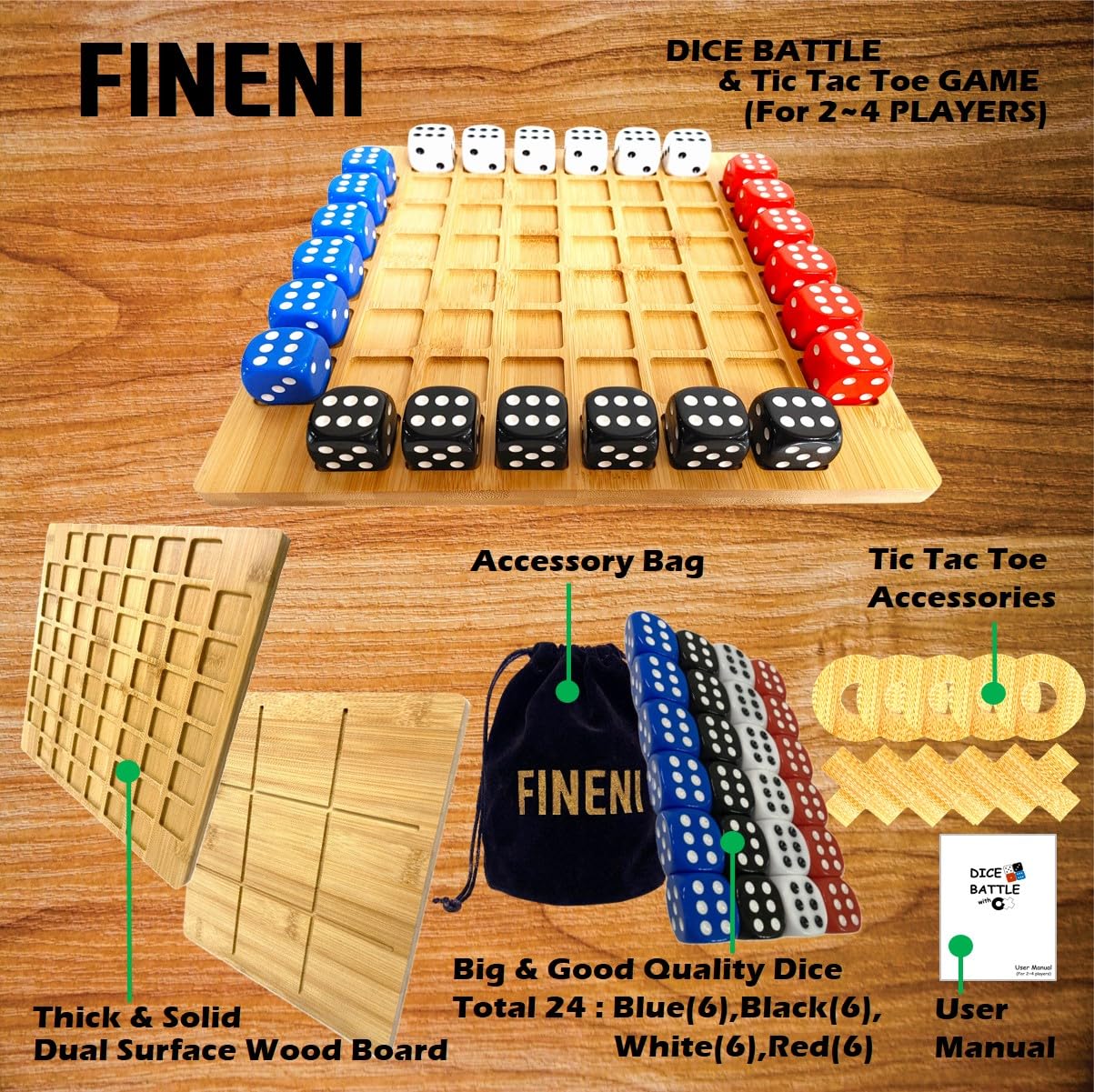 FINENI Dice Battle & TicTacToe Dual-Sided Board Game Set — 2–4 Player Wooden Tabletop Games