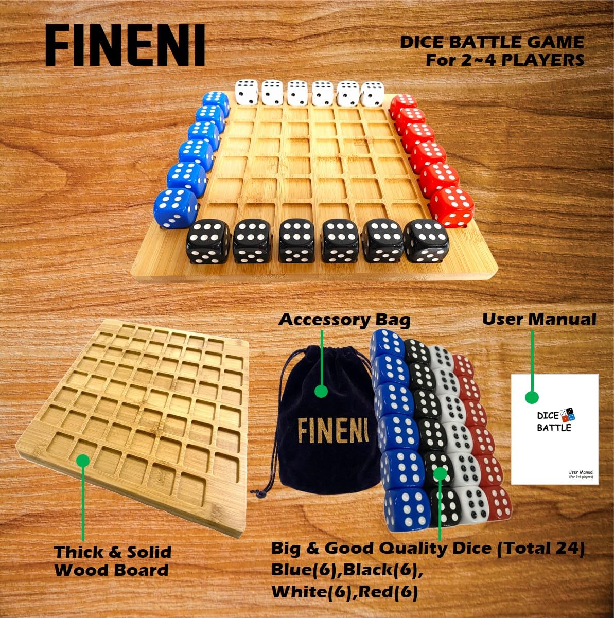 FINENI Dice Battle – 2–4 Player Wooden Tabletop Game for Adults | Premium Bar Dice & Family Night