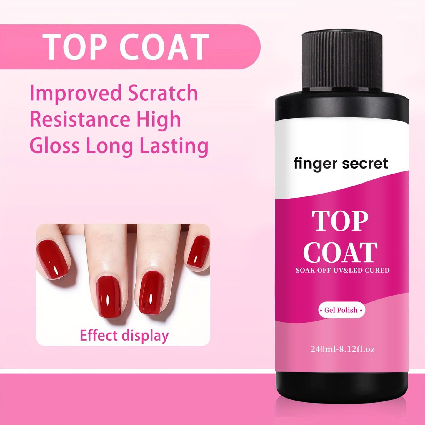 Finger Secret 240ml Top Coat for Gel Nail Polish – Quick-Dry Clear Nail Polish for DIY in Salon or Home