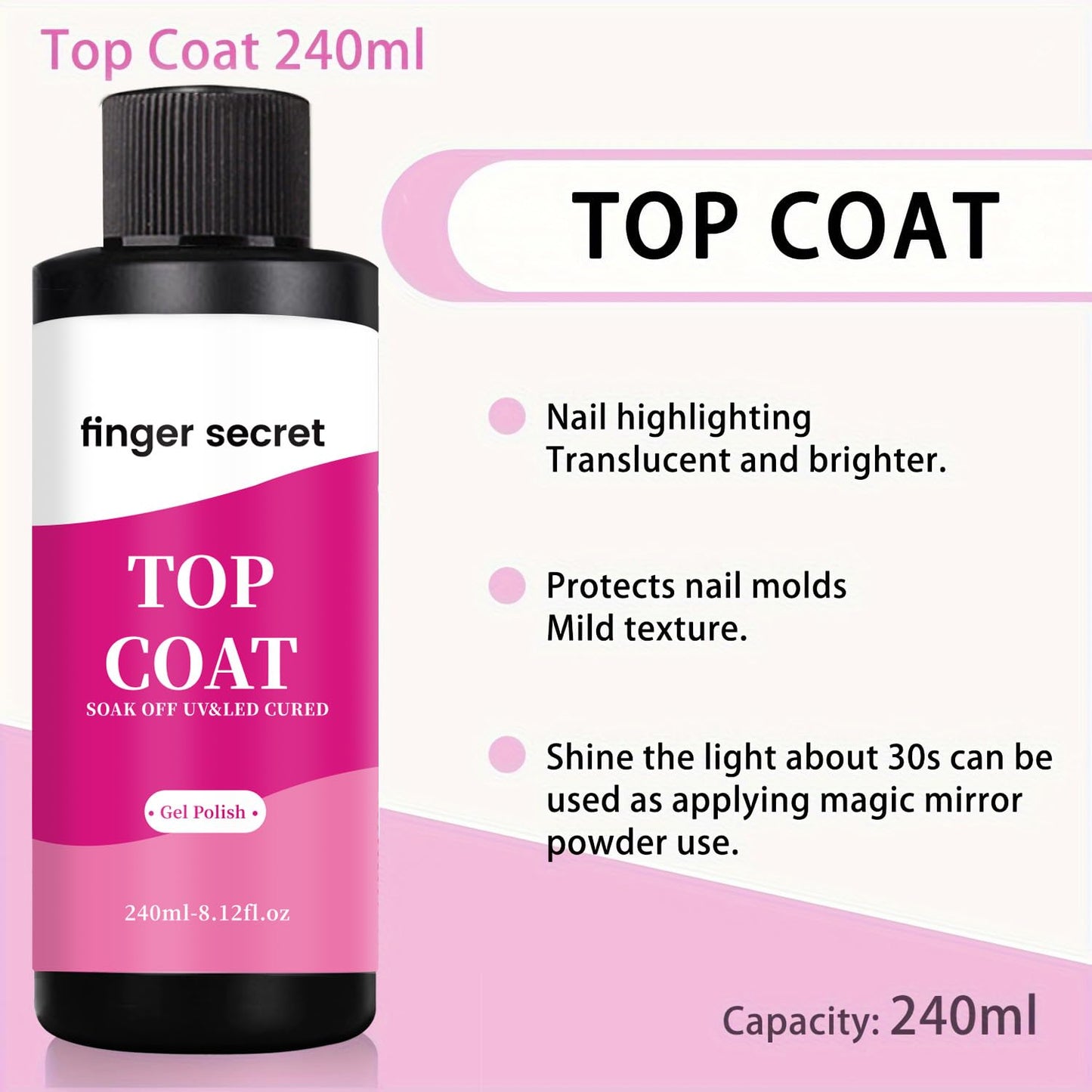 Finger Secret 240ml Top Coat for Gel Nail Polish – Quick-Dry Clear Nail Polish for DIY in Salon or Home