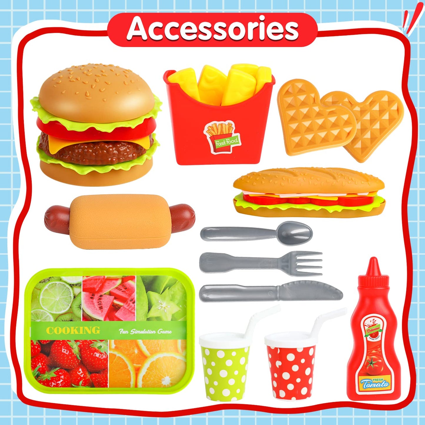 FINGOOO Pretend Play Food Set – Hamburger, Fries, Pizza, Popcorn Take-Apart Toys for Kids