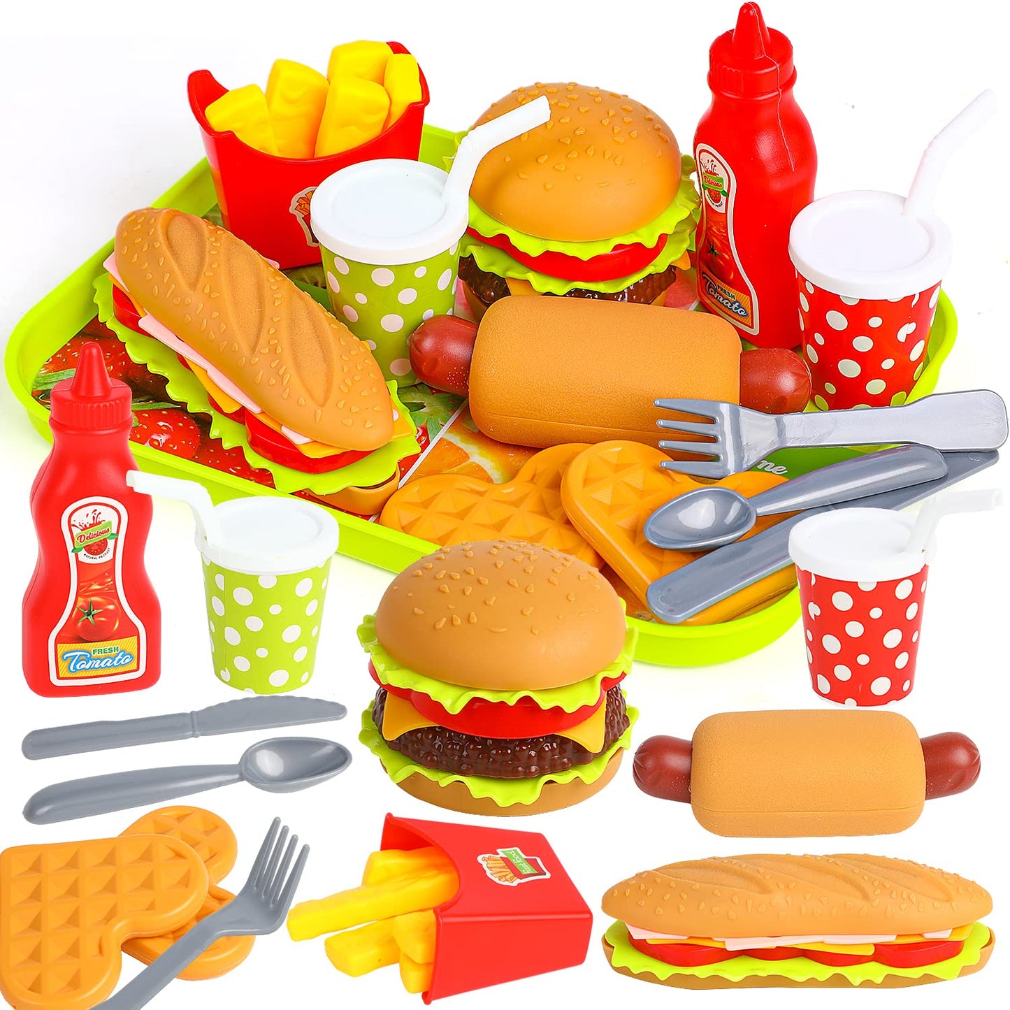 FINGOOO Pretend Play Food Set – Hamburger, Fries, Pizza, Popcorn Take-Apart Toys for Kids