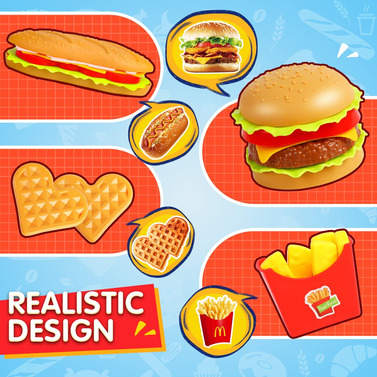 FINGOOO Pretend Play Food Set – Hamburger, Fries, Pizza, Popcorn Take-Apart Toys for Kids