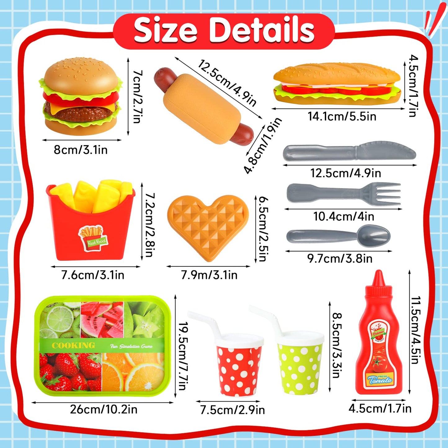 FINGOOO Pretend Play Food Set – Hamburger, Fries, Pizza, Popcorn Take-Apart Toys for Kids