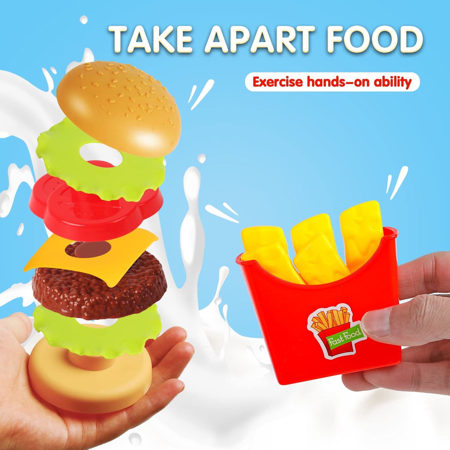 FINGOOO Pretend Play Food Set – Hamburger, Fries, Pizza, Popcorn Take-Apart Toys for Kids