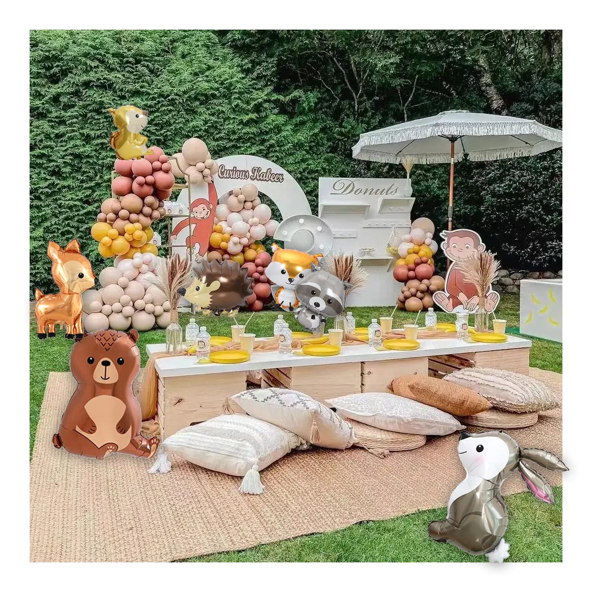 Finypa 7PCS Forest Animal Balloons – Jumbo Woodland Party Decor (Fox, Hedgehog, Squirrel, Bear, Deer, Raccoon, Rabbit)