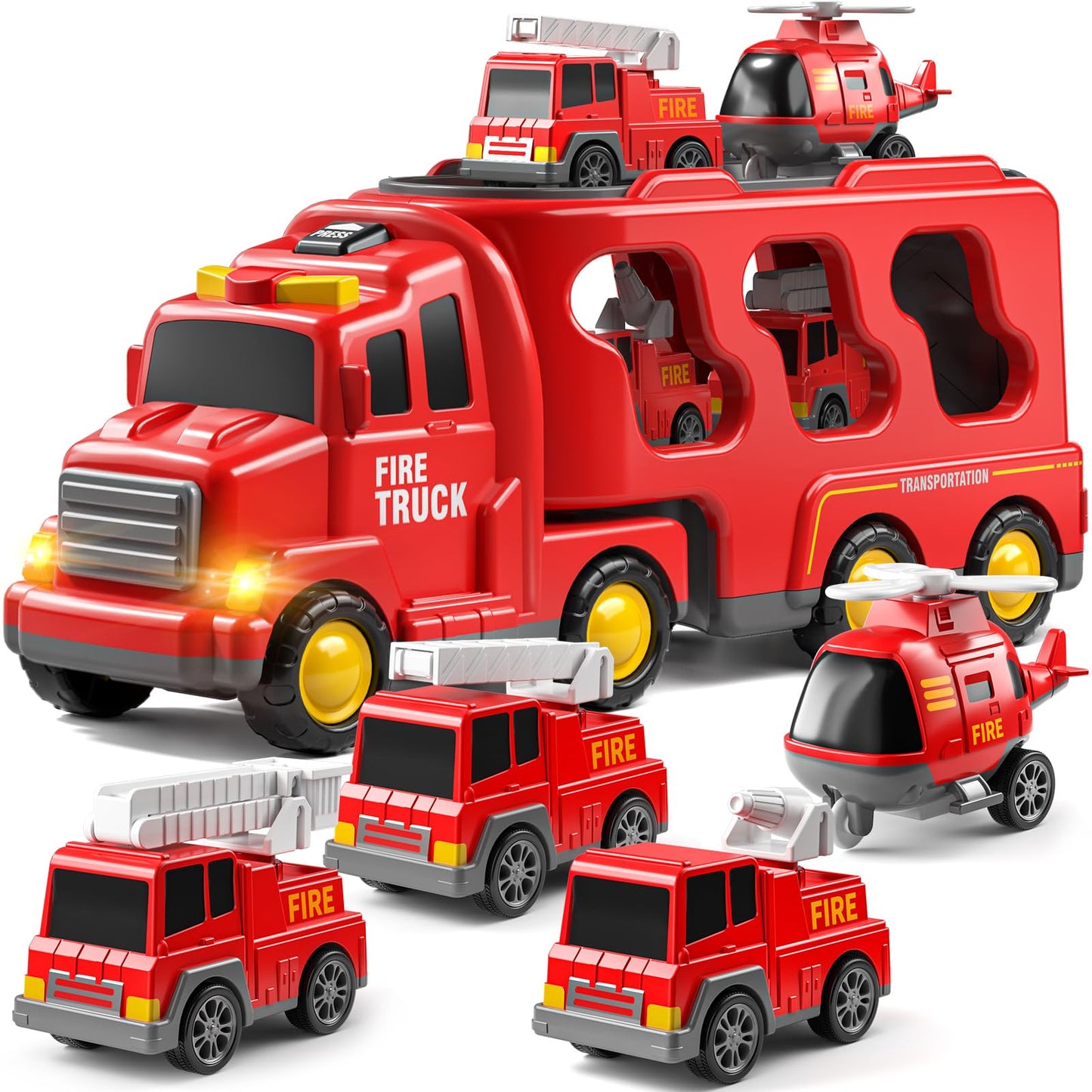 JUKUDAHU 5-in-1 Fire Carrier Truck Toy Set for Kids 3-9