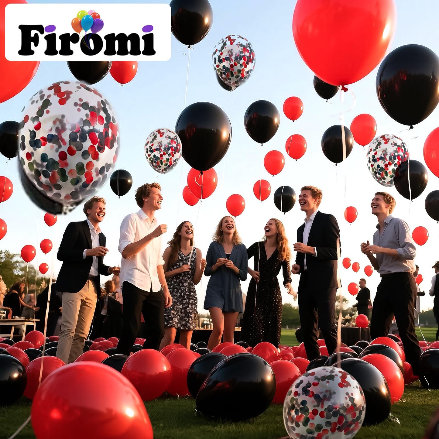 Firomi Red & Black Latex Balloons 12in - 70pc Set with Confetti & Ribbons