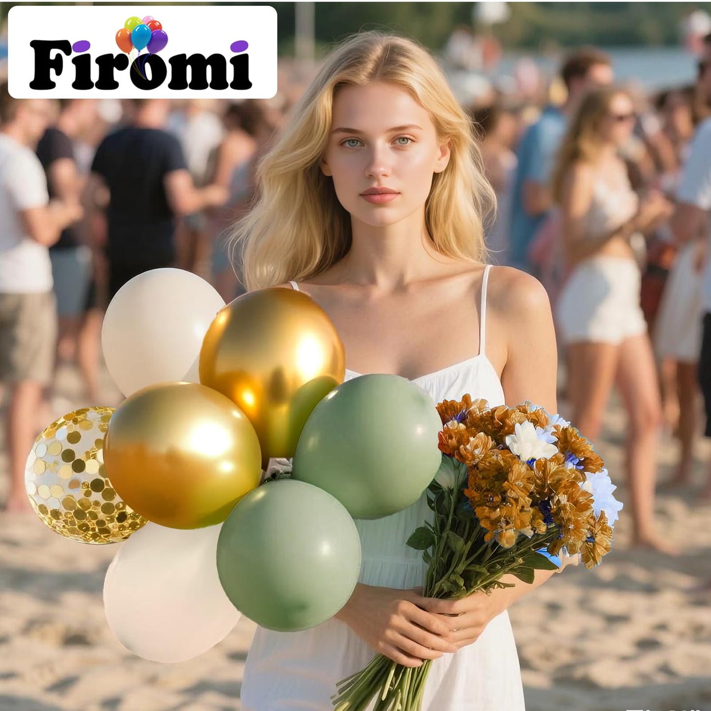 Firomi 70-Piece Latex Balloon Set – Metallic Chrome Gold & Sage Sand 12in with Gold Confetti & Ribbons
