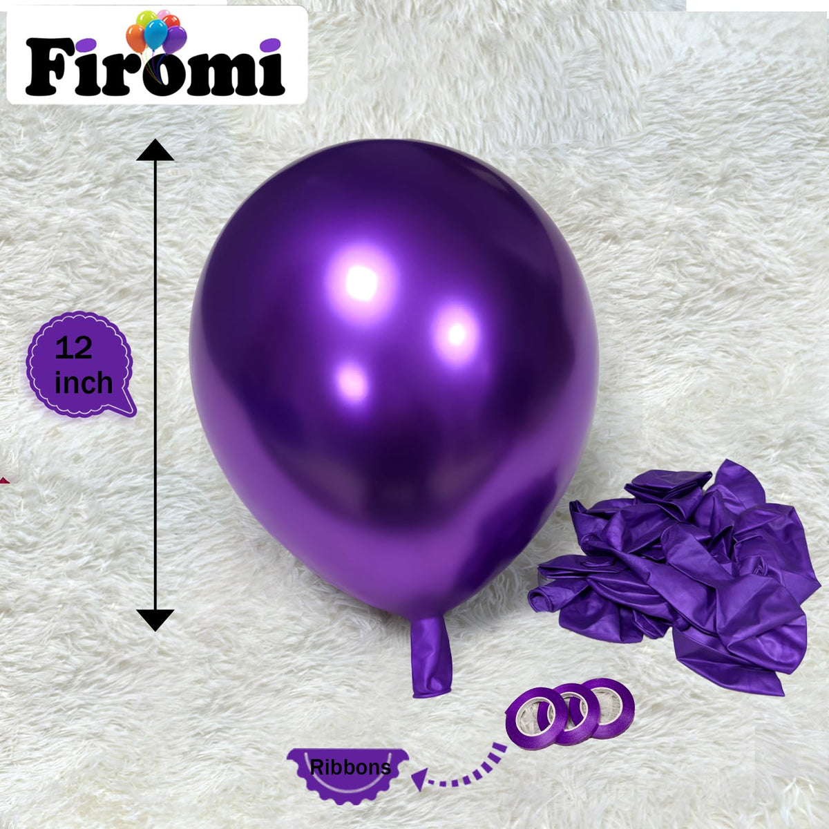Firomi Metallic Purple Balloons (12in) – 100 Pack Chrome Latex with 3 Ribbons
