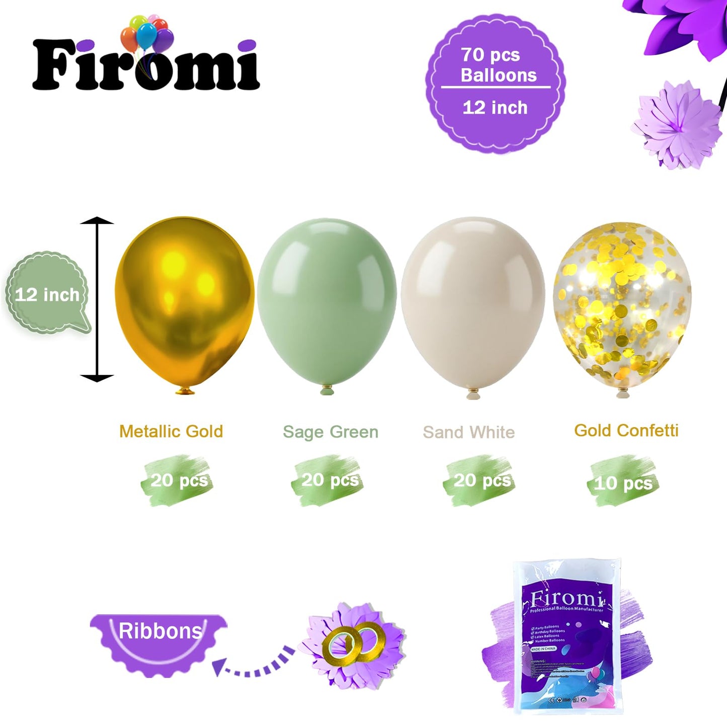 Firomi 70-Piece Latex Balloon Set – Metallic Chrome Gold & Sage Sand 12in with Gold Confetti & Ribbons