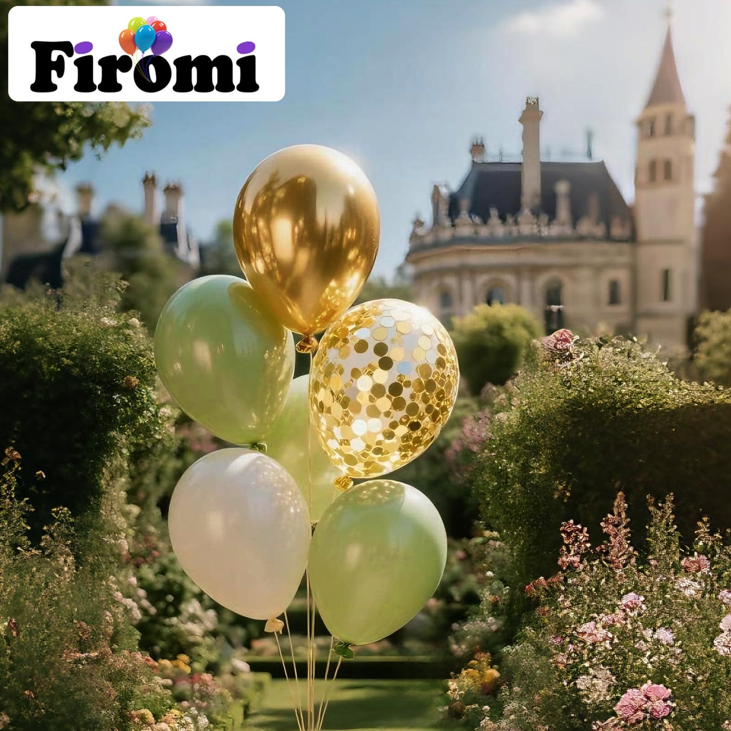 Firomi 70-Piece Latex Balloon Set – Metallic Chrome Gold & Sage Sand 12in with Gold Confetti & Ribbons