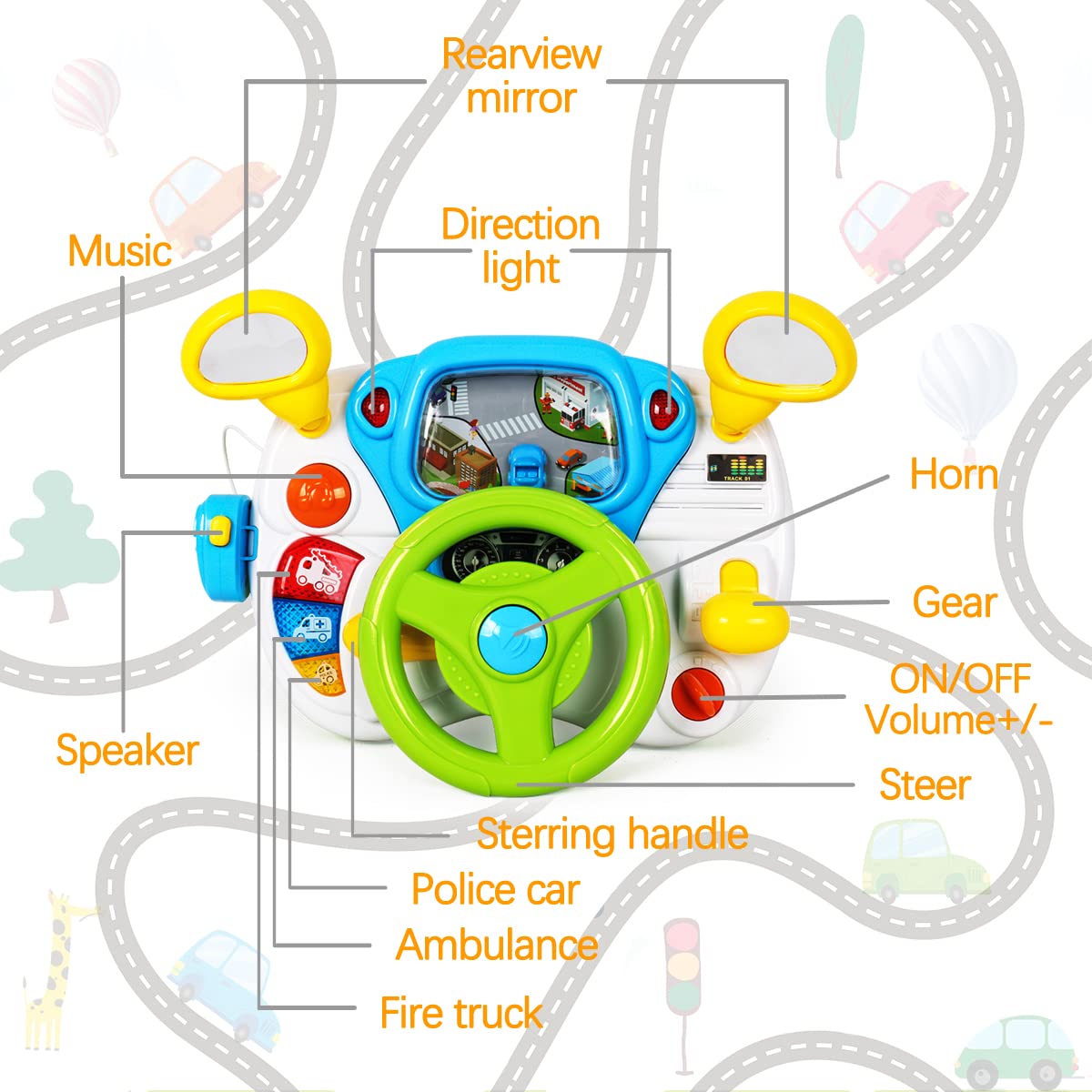 Fisca Toddler Steering Wheel Toy – Interactive Driving Learning Toy for 1-3 Year Olds