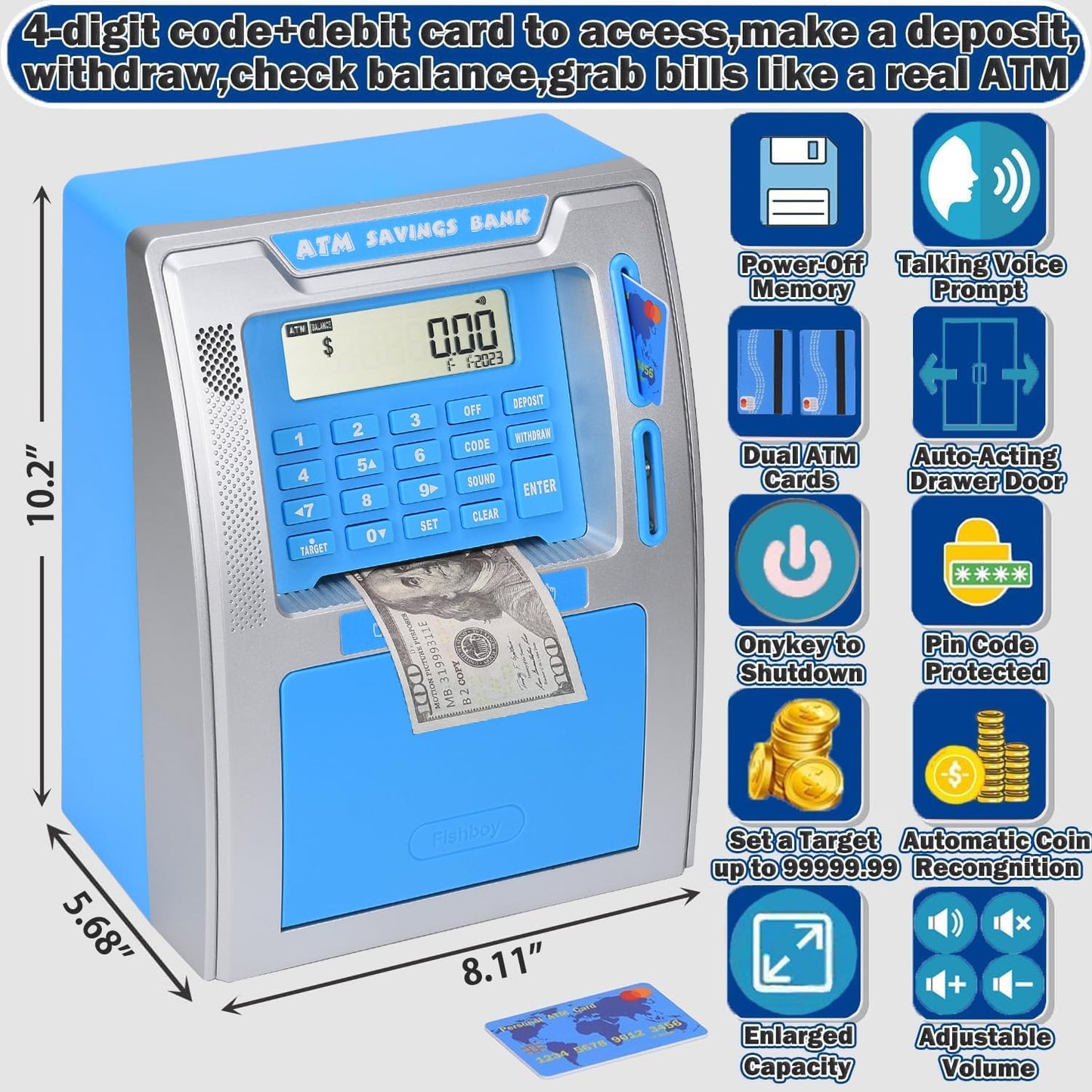 Fishboy ATM Piggy Bank for Kids with Power-Off Memory, Debit Card & Savings Goals