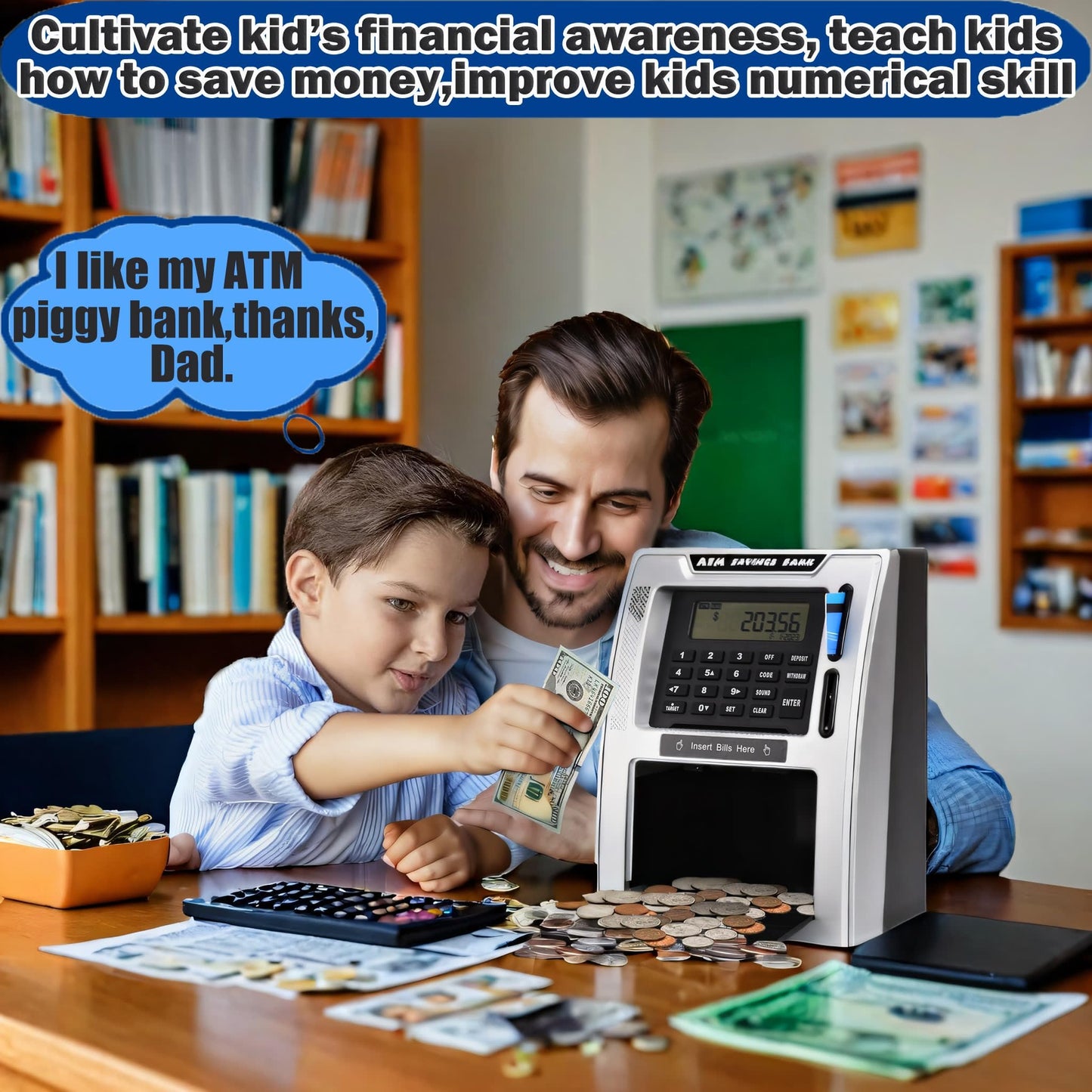 Fishboy Talking ATM Piggy Bank for Kids — Dual Cards, Auto-Opening Drawer, Coin Recognition & Balance Calculator