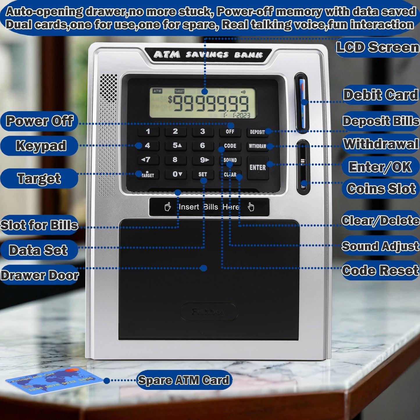 Fishboy Talking ATM Piggy Bank for Kids — Dual Cards, Auto-Opening Drawer, Coin Recognition & Balance Calculator