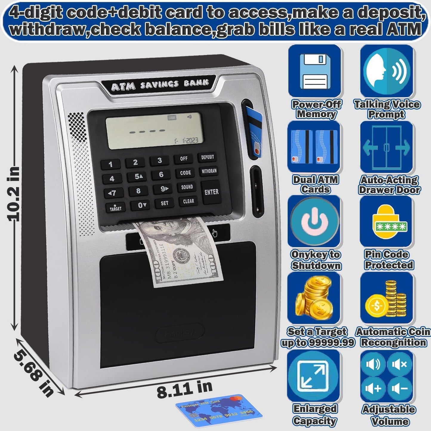 Fishboy Talking ATM Piggy Bank for Kids — Dual Cards, Auto-Opening Drawer, Coin Recognition & Balance Calculator