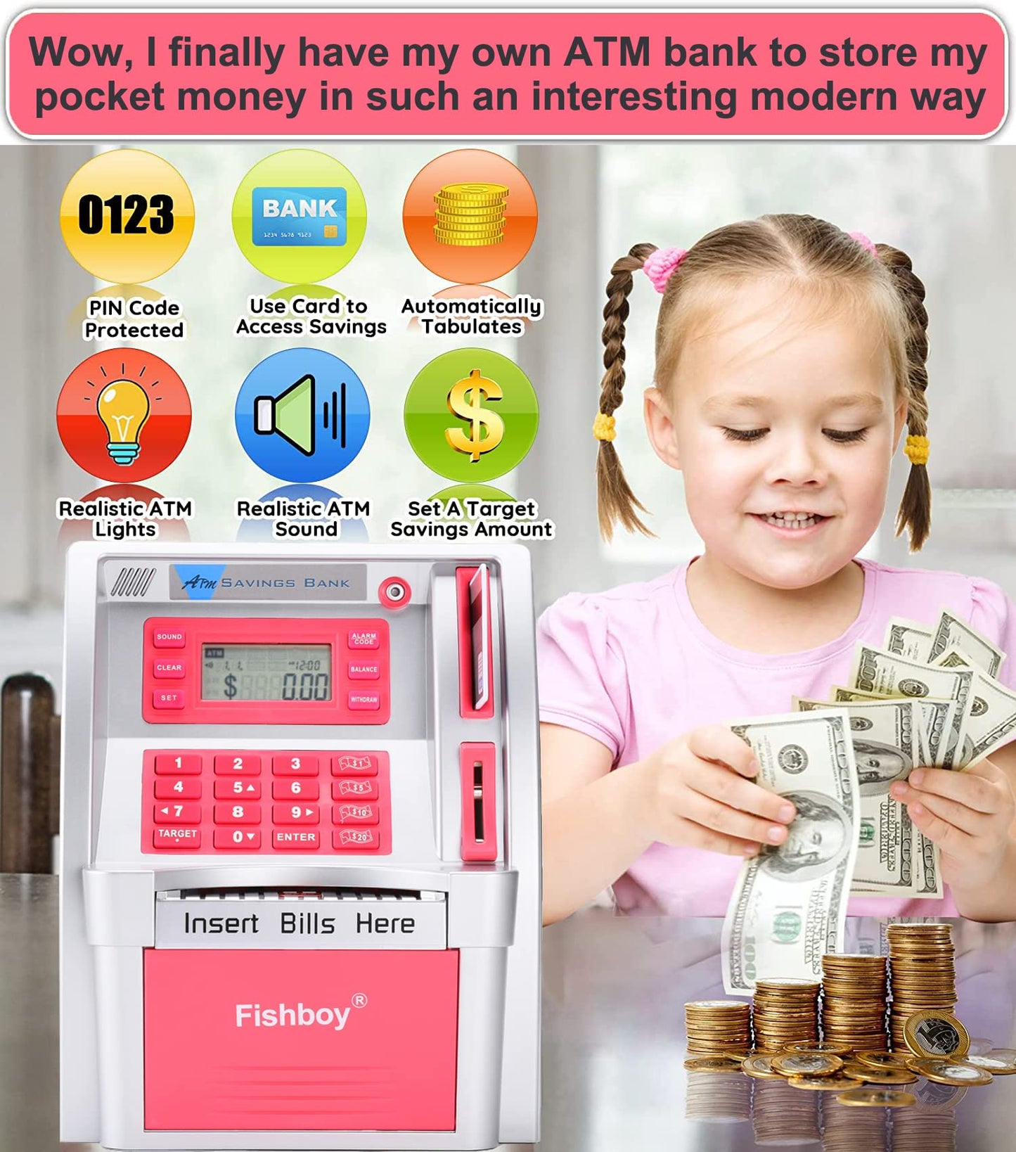 Fishboy Pink ATM Piggy Bank for Kids – Real Money Debit Card, Onekey Shutdown & Coin Recognition