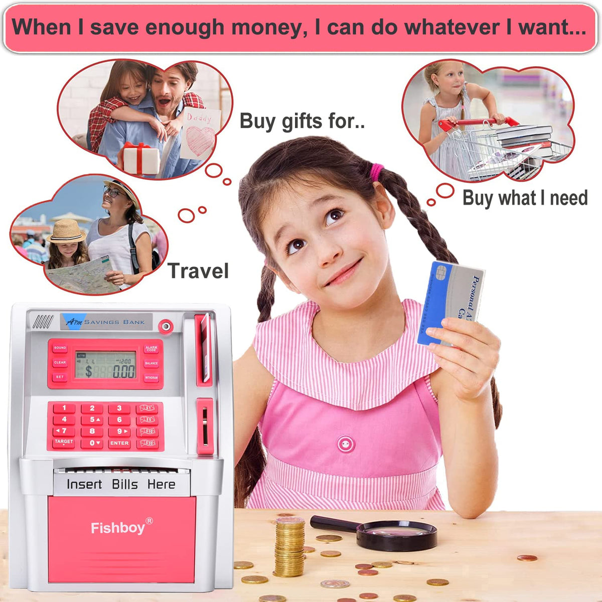 Fishboy Pink ATM Piggy Bank for Kids – Real Money Debit Card, Onekey Shutdown & Coin Recognition