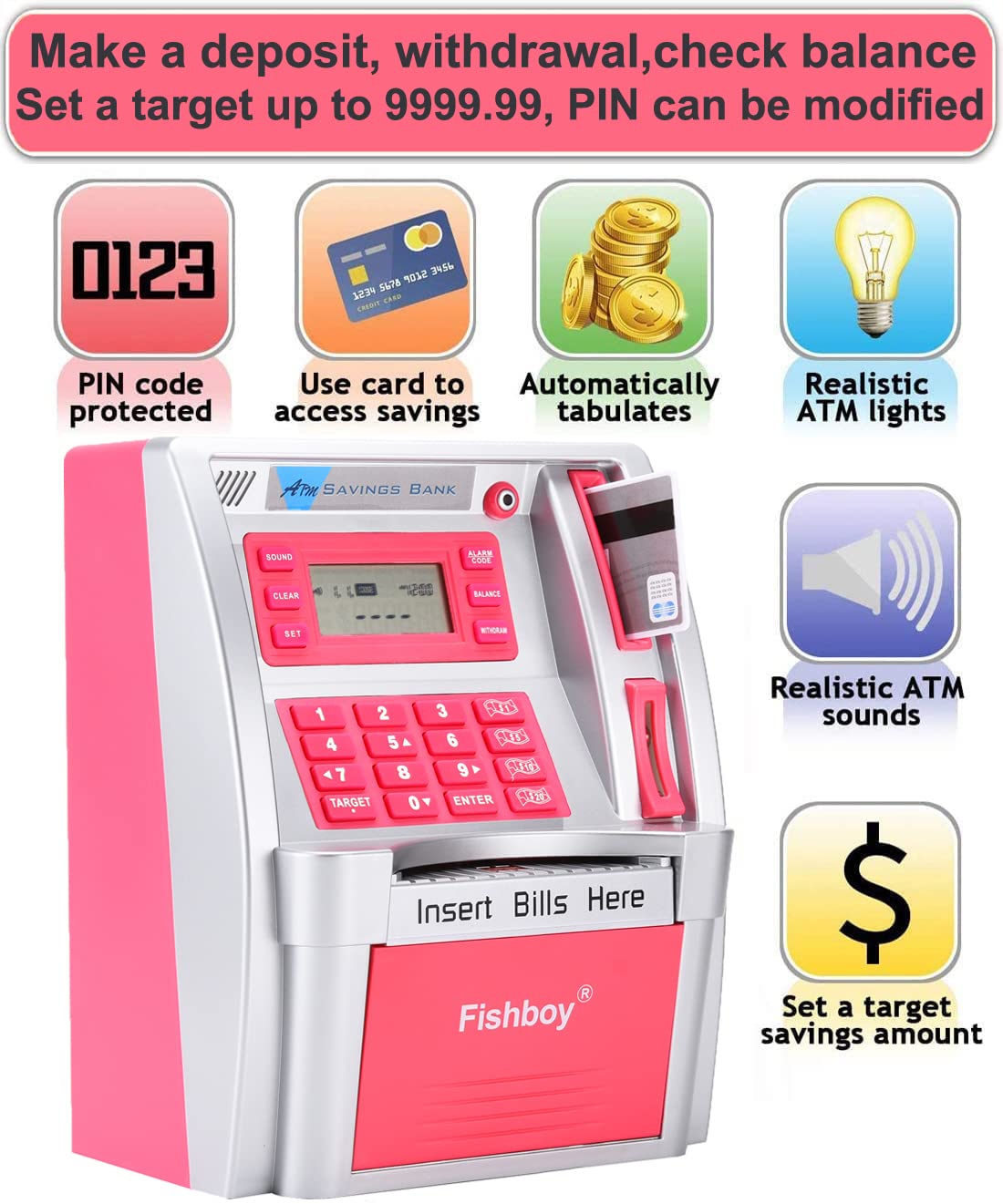 Fishboy Pink ATM Piggy Bank for Kids – Real Money Debit Card, Onekey Shutdown & Coin Recognition