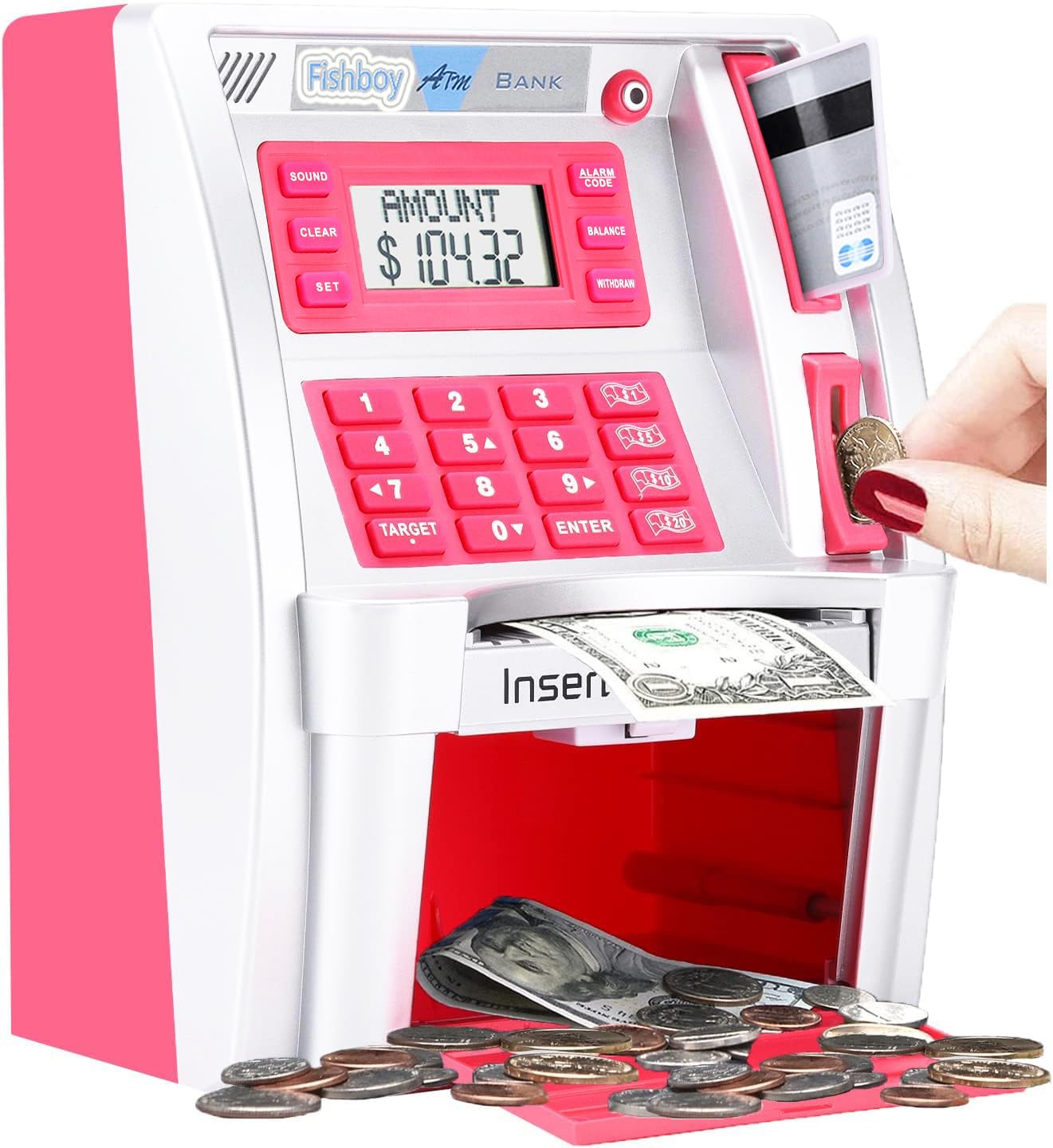 Fishboy Pink ATM Piggy Bank for Kids – Real Money Debit Card, Onekey Shutdown & Coin Recognition