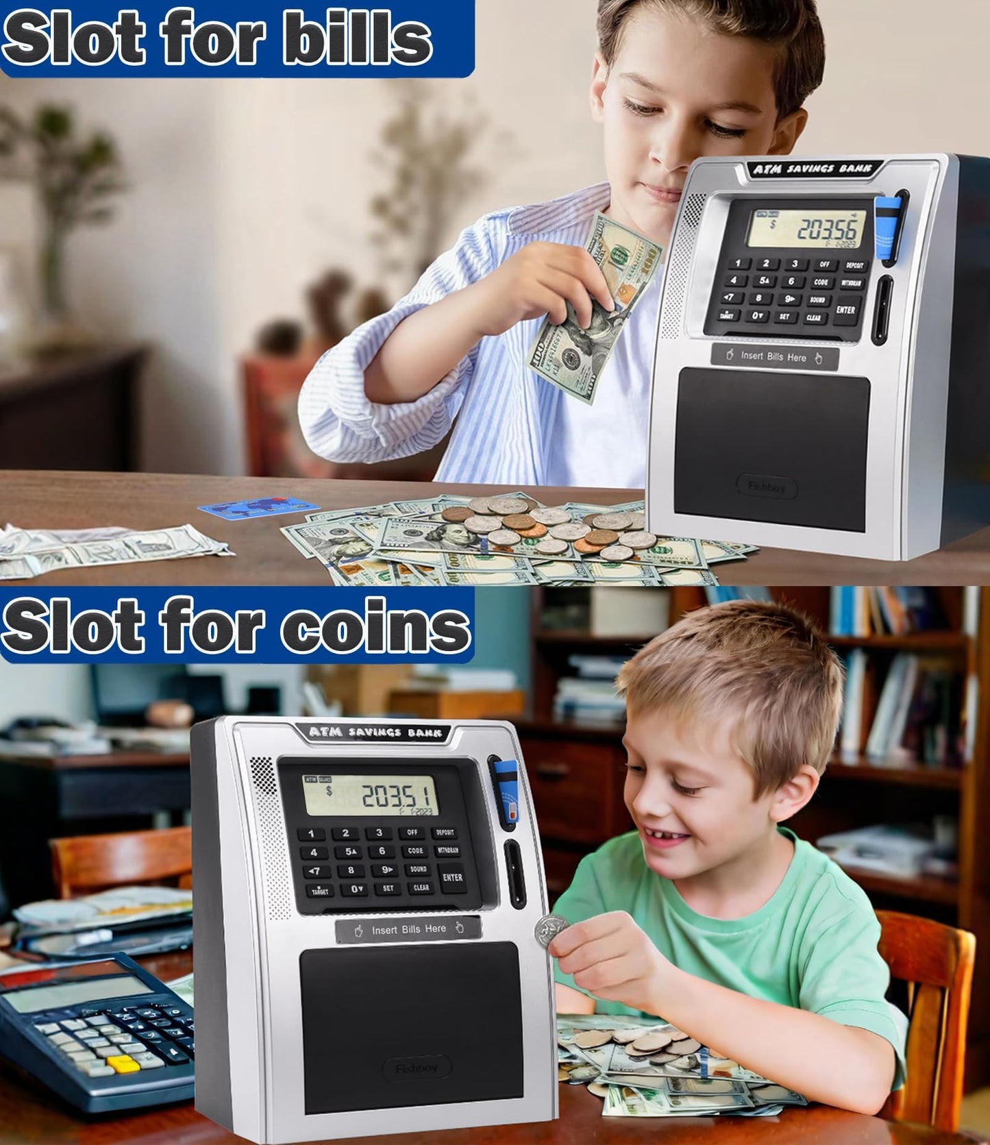 Fishboy Talking ATM Piggy Bank for Kids — Dual Cards, Auto-Opening Drawer, Coin Recognition & Balance Calculator