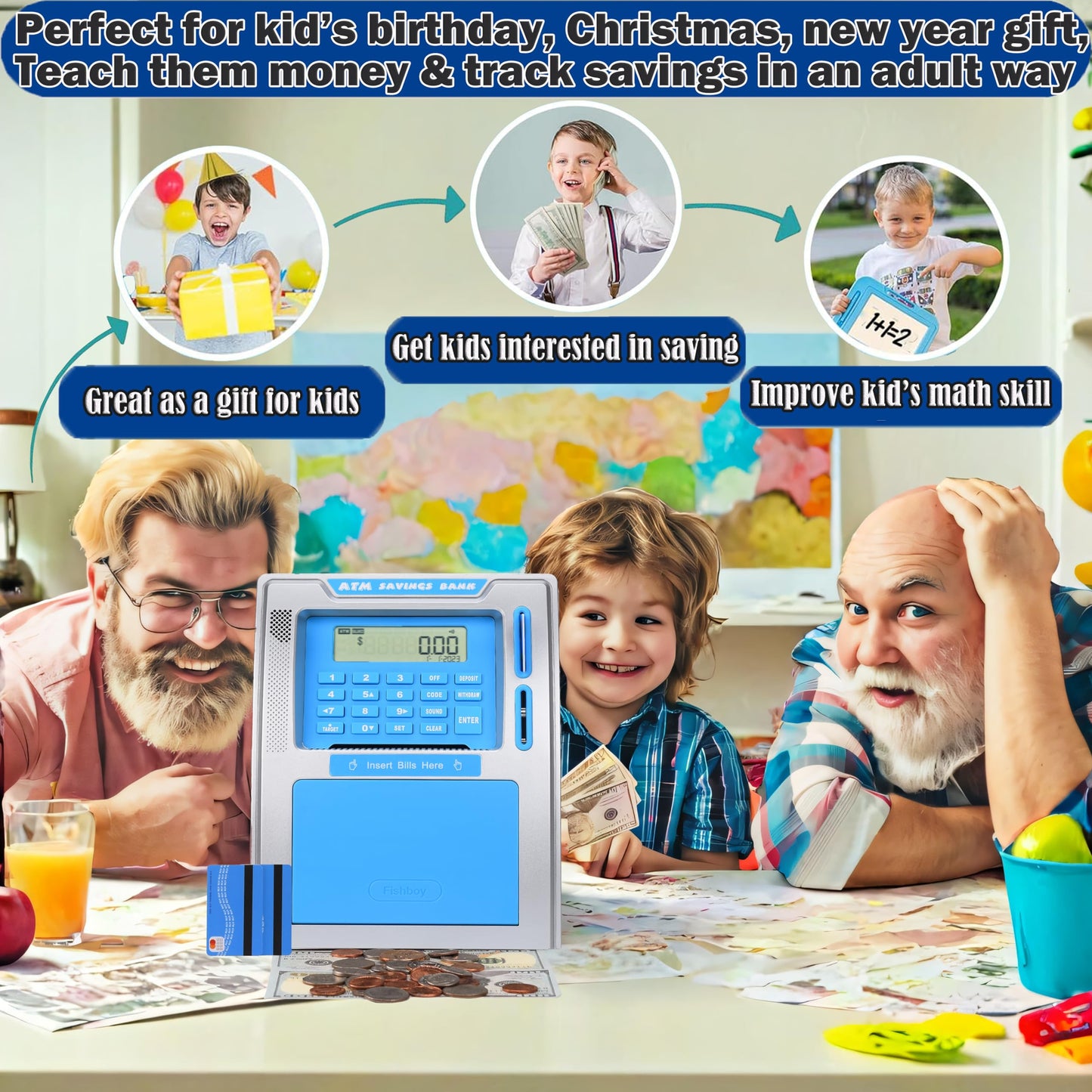 Fishboy ATM Piggy Bank for Kids with Power-Off Memory, Debit Card & Savings Goals