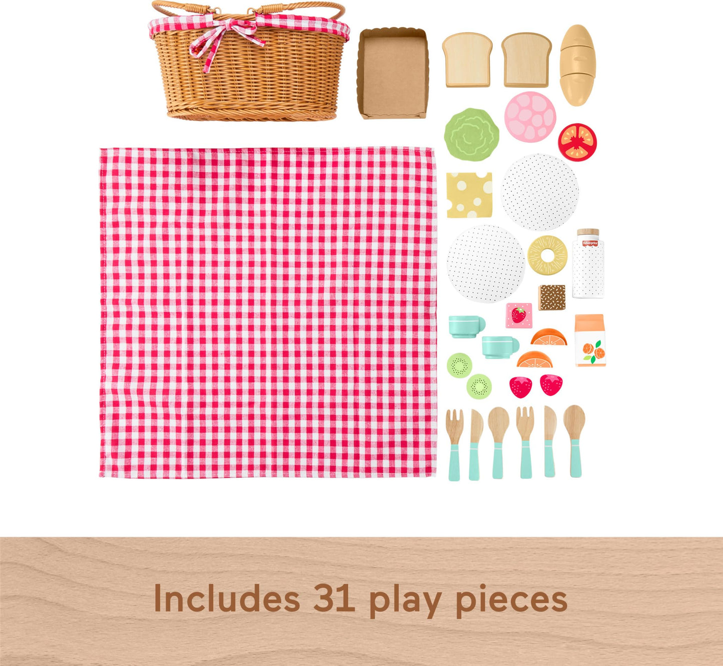 Fisher-Price Wood Picnic Basket – 31-Piece Play Set for Preschoolers (Ages 3+)