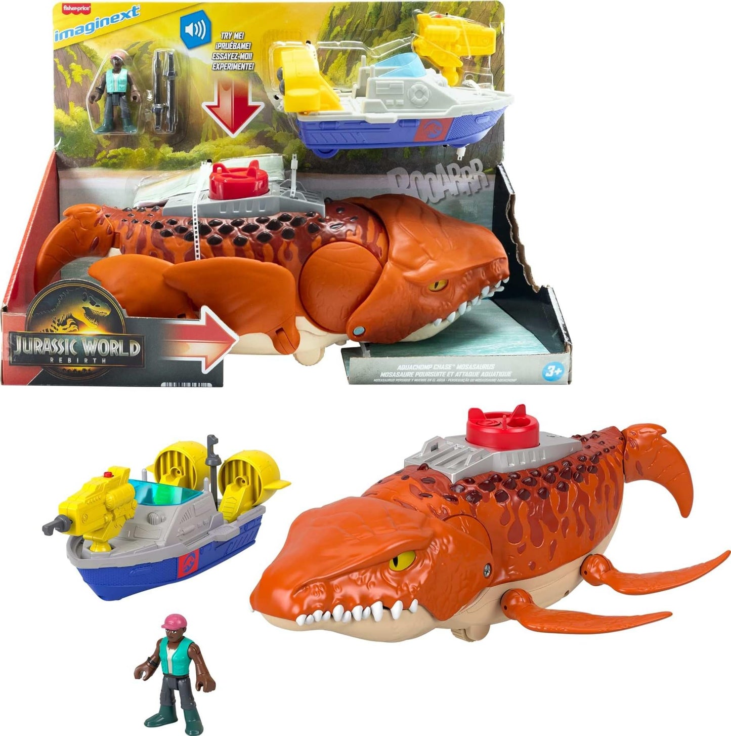 Fisher-Price Imaginext Jurassic World Aquachomp Mosasaurus Playset | 18-Inch Dino With Figure, Boat & Launcher