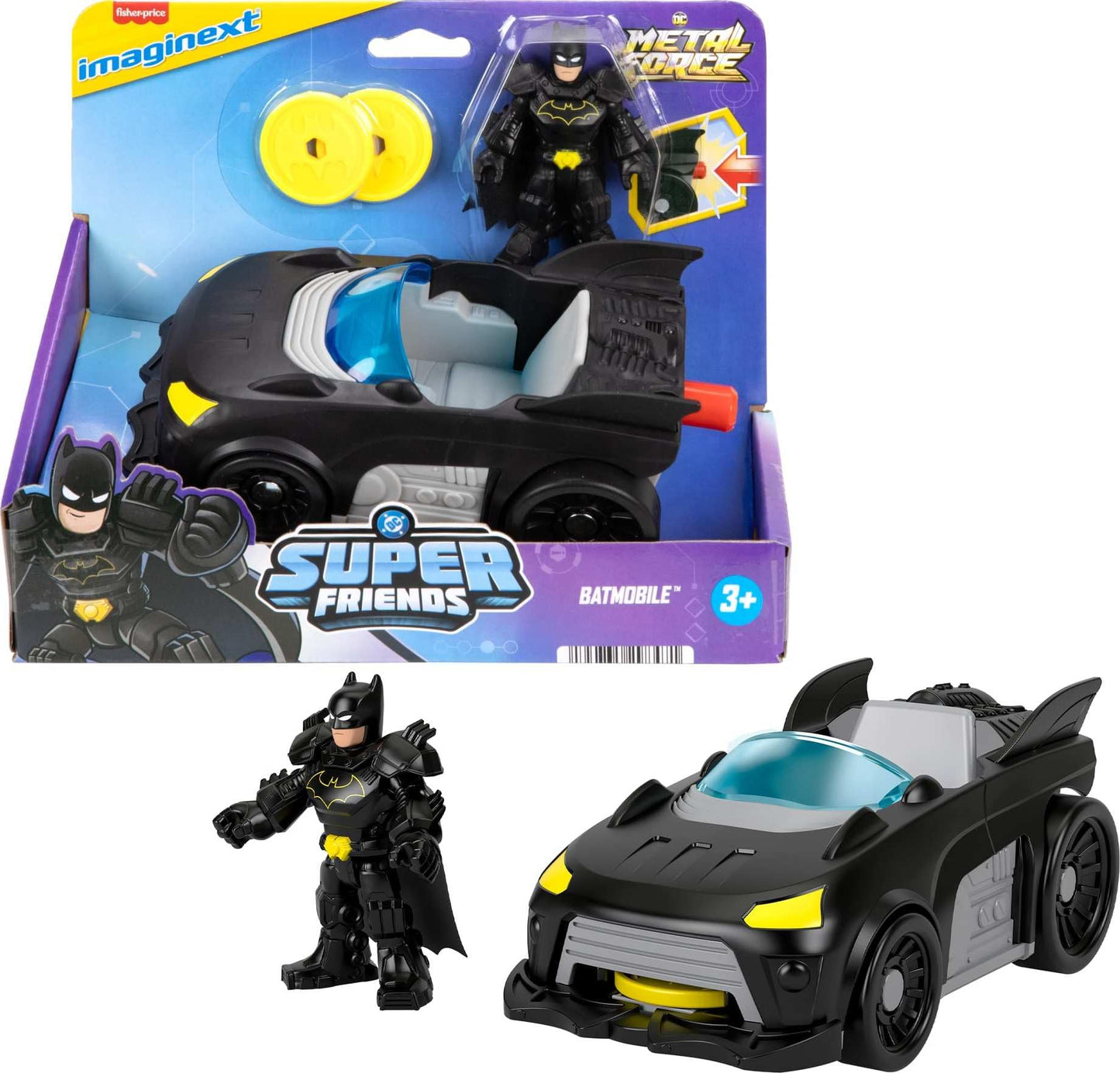 Fisher-Price Imaginext DC Super Friends Metal Force Batmobile with Batman Figure, Launcher & Discs