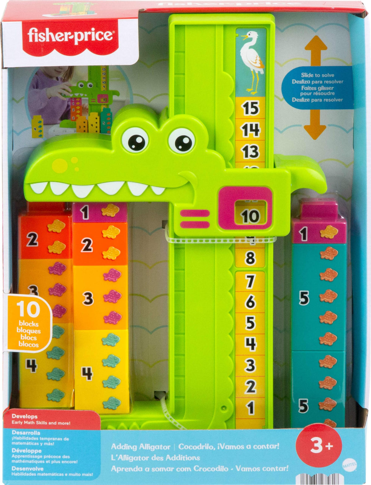 Fisher-Price Adding Alligator Counting Toy – 10 Stacking Blocks (Ages 3+)