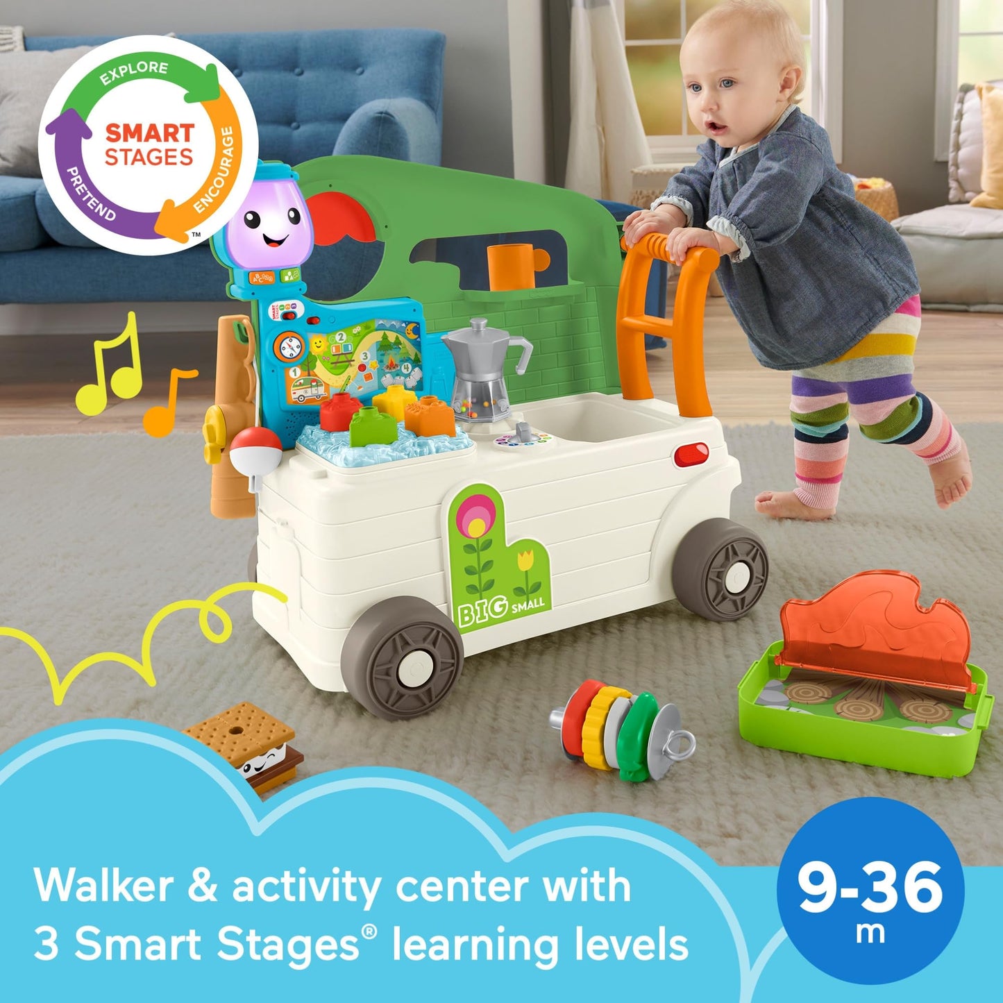 Fisher-Price Laugh & Learn 3-in-1 On-the-Go Camper Walker and Activity Center with Smart Stages – Ages 9-36 Months