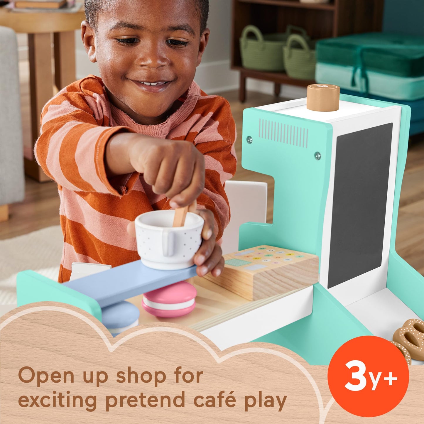 Fisher-Price Wood Pretend Play Coffee Shop & Toy Register – 20-Piece Set for Ages 3+