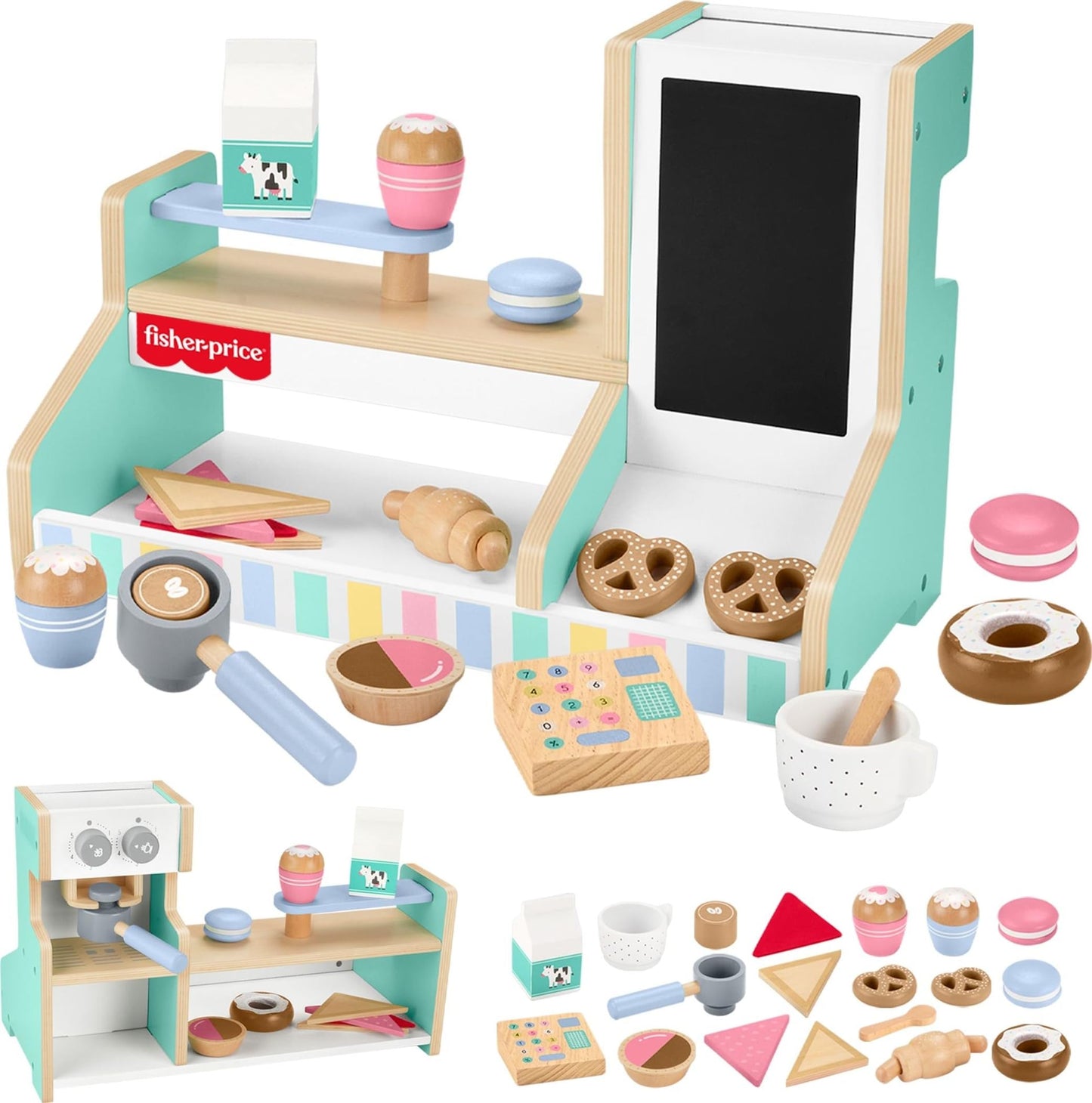 Fisher-Price Wood Pretend Play Coffee Shop & Toy Register – 20-Piece Set for Ages 3+