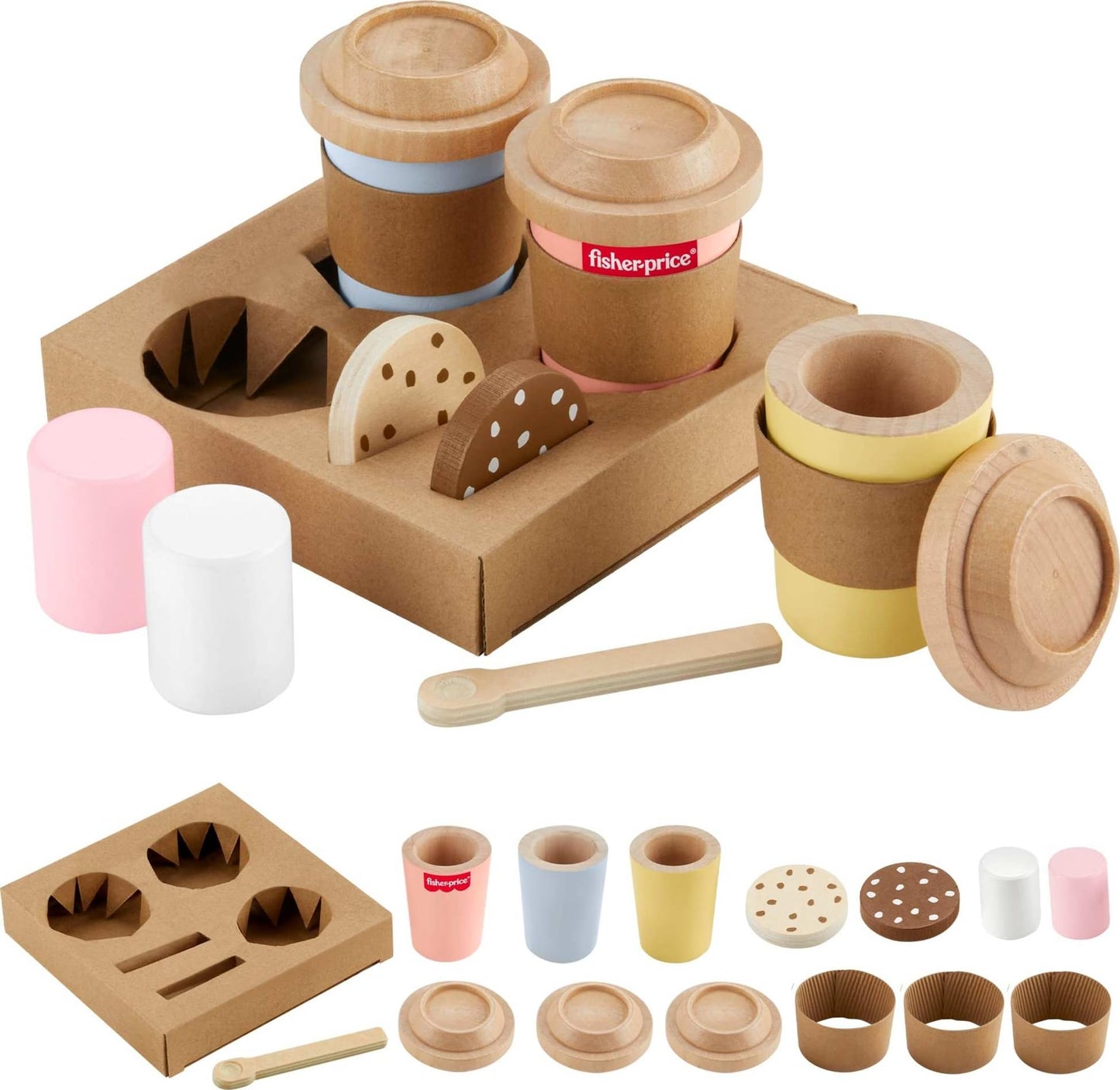 Fisher-Price Wood Pretend Play Coffee to Go Café Set – 15-Piece Wooden Playset for Preschoolers