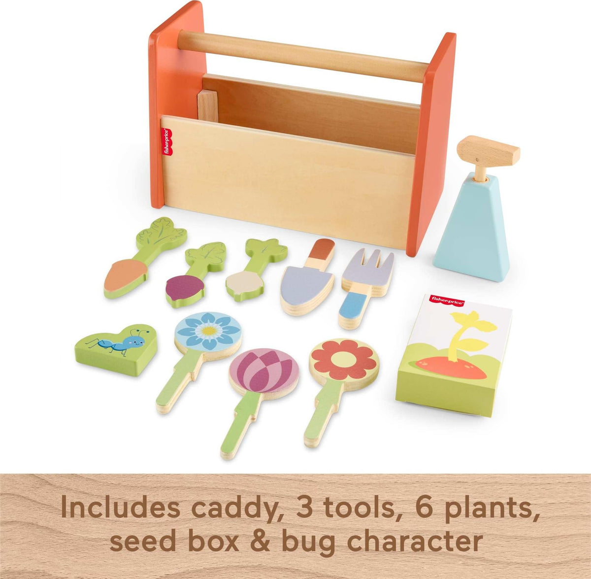 Fisher-Price Wood Pretend Garden Caddy — 12-Piece Set for Ages 3+