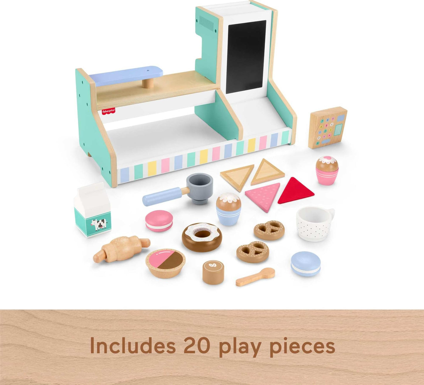 Fisher-Price Wood Pretend Play Coffee Shop & Toy Register – 20-Piece Set for Ages 3+