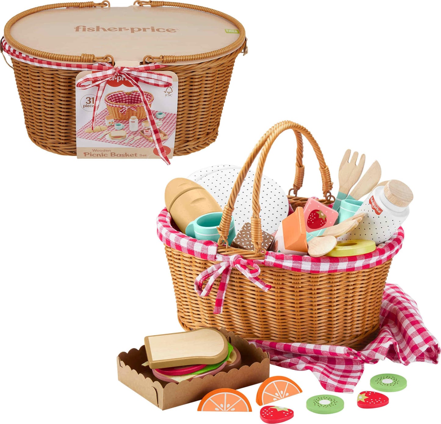 Fisher-Price Wood Picnic Basket – 31-Piece Play Set for Preschoolers (Ages 3+)