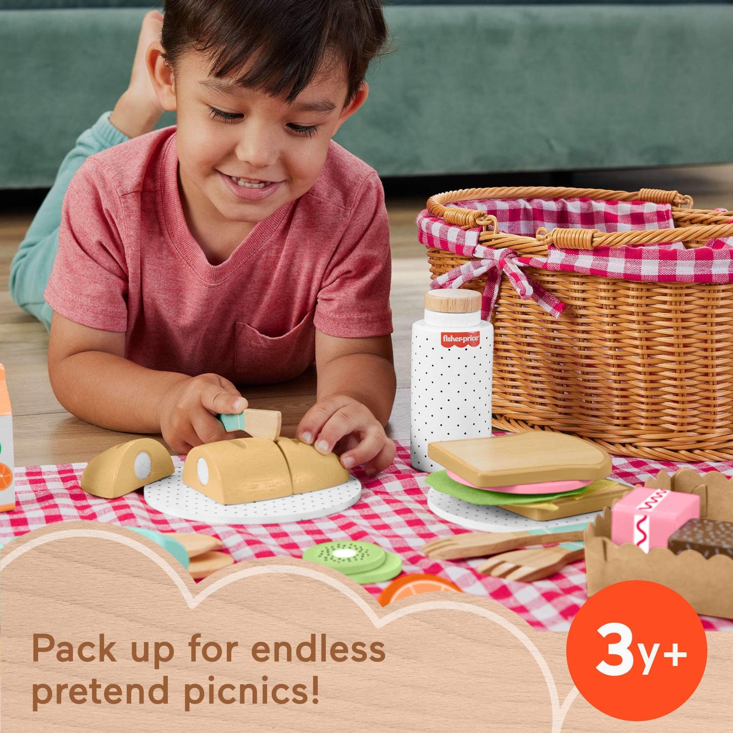 Fisher-Price Wood Picnic Basket – 31-Piece Play Set for Preschoolers (Ages 3+)