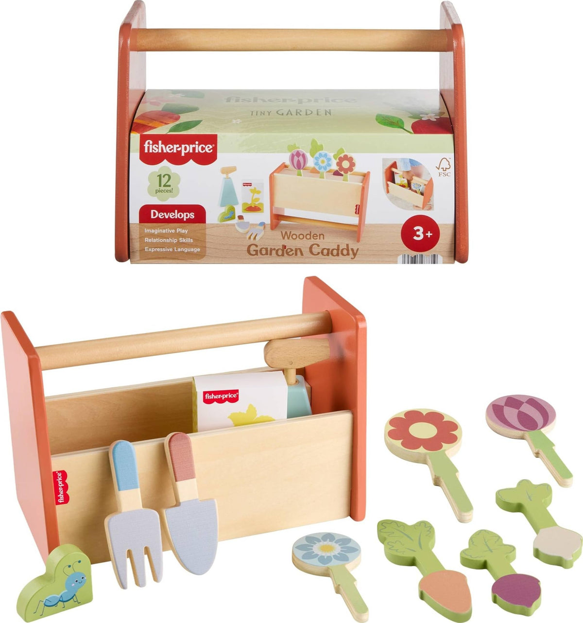 Fisher-Price Wood Pretend Garden Caddy — 12-Piece Set for Ages 3+
