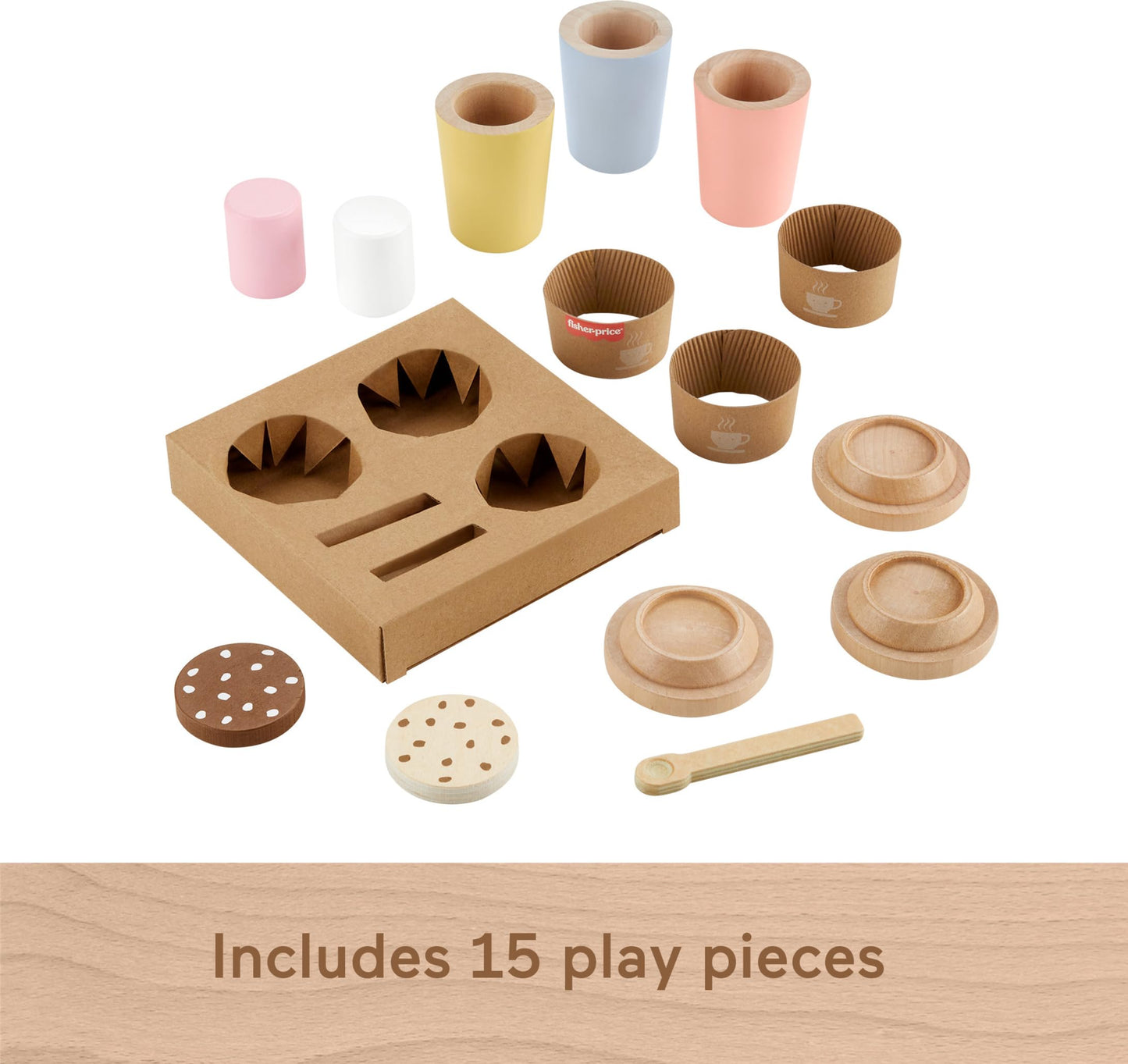 Fisher-Price Wood Pretend Play Coffee to Go Café Set – 15-Piece Wooden Playset for Preschoolers