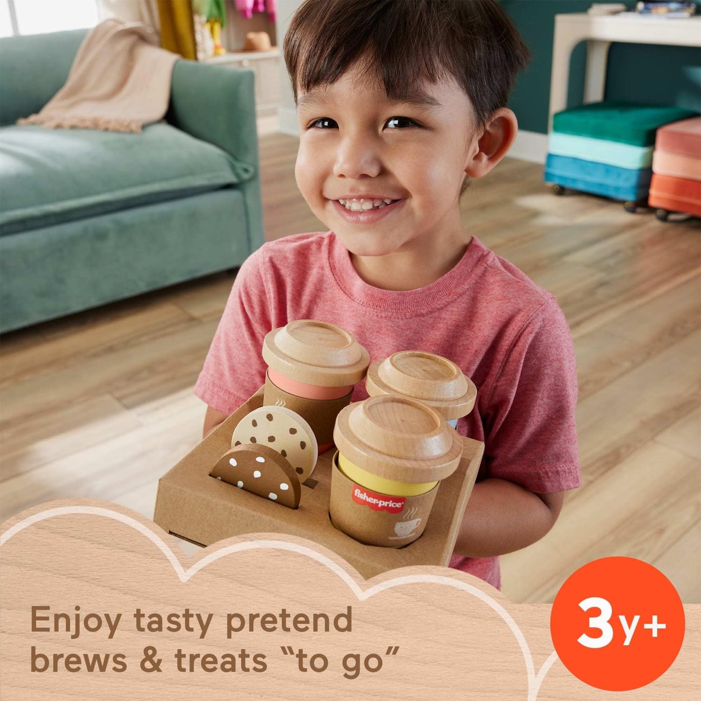 Fisher-Price Wood Pretend Play Coffee to Go Café Set – 15-Piece Wooden Playset for Preschoolers