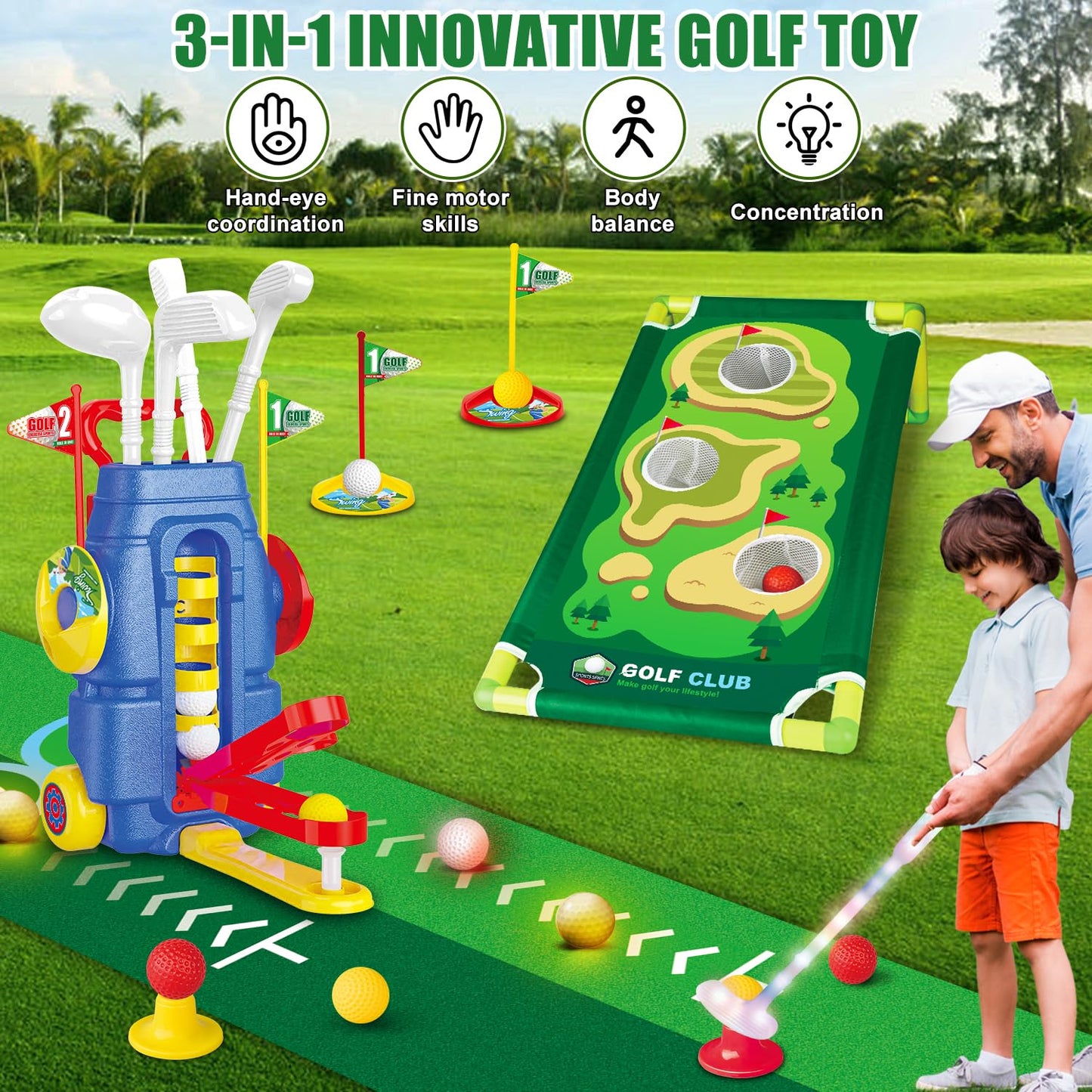 Fistone 3-in-1 Toddler Golf Set with Foot-Pedal Launcher | Indoor & Outdoor Kids Golf Toy