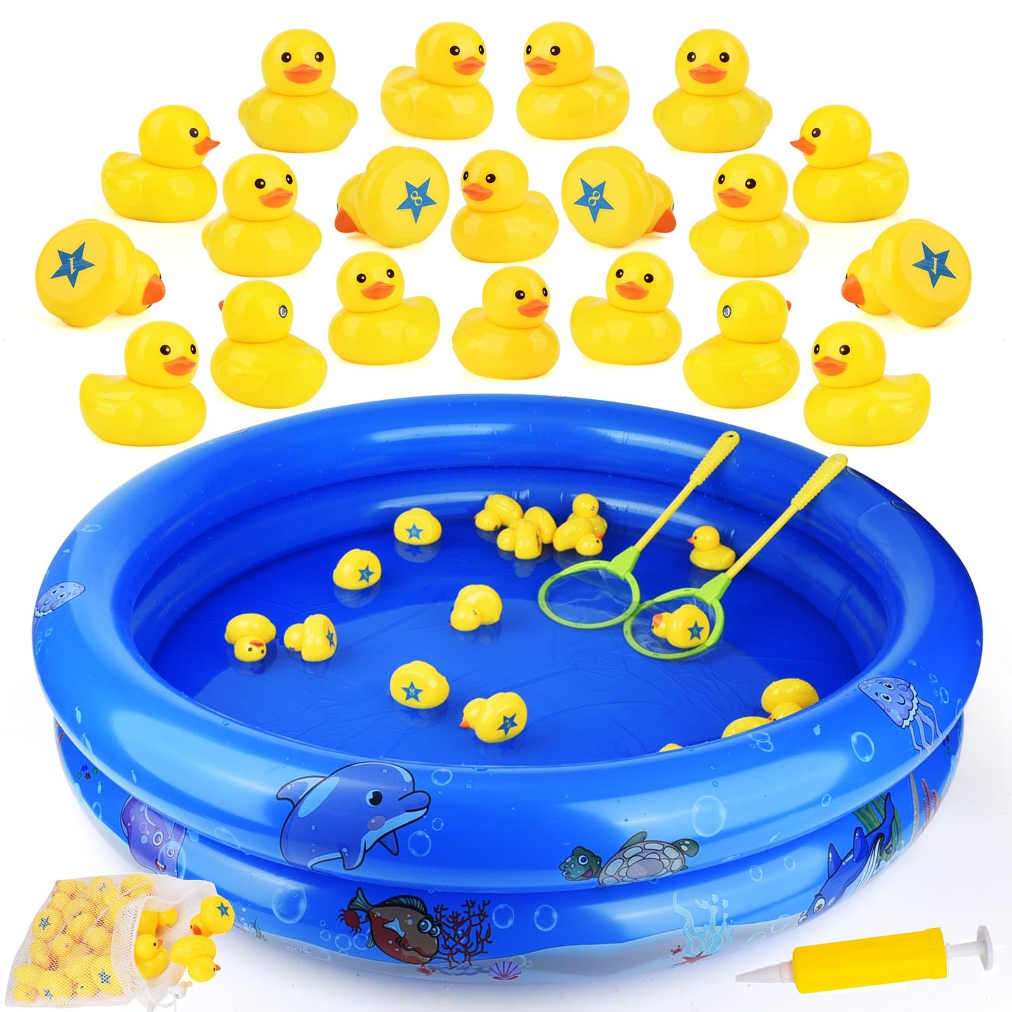 FIVEDAOGANG Duck Matching Game Toys for Kids – 20 Numbered Ducks, 34 x 7 Inch Kiddie Pool, Nets & Storage Bag