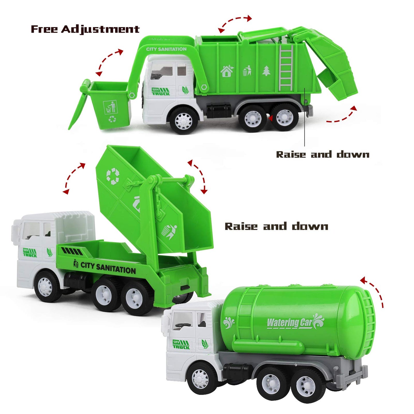 FIVEDAOGANG Garbage Truck Toy – 3 Pack Friction-Powered Waste Management Set with Front Loader, Back Dump, 4 Bins & 108 Trash Cards