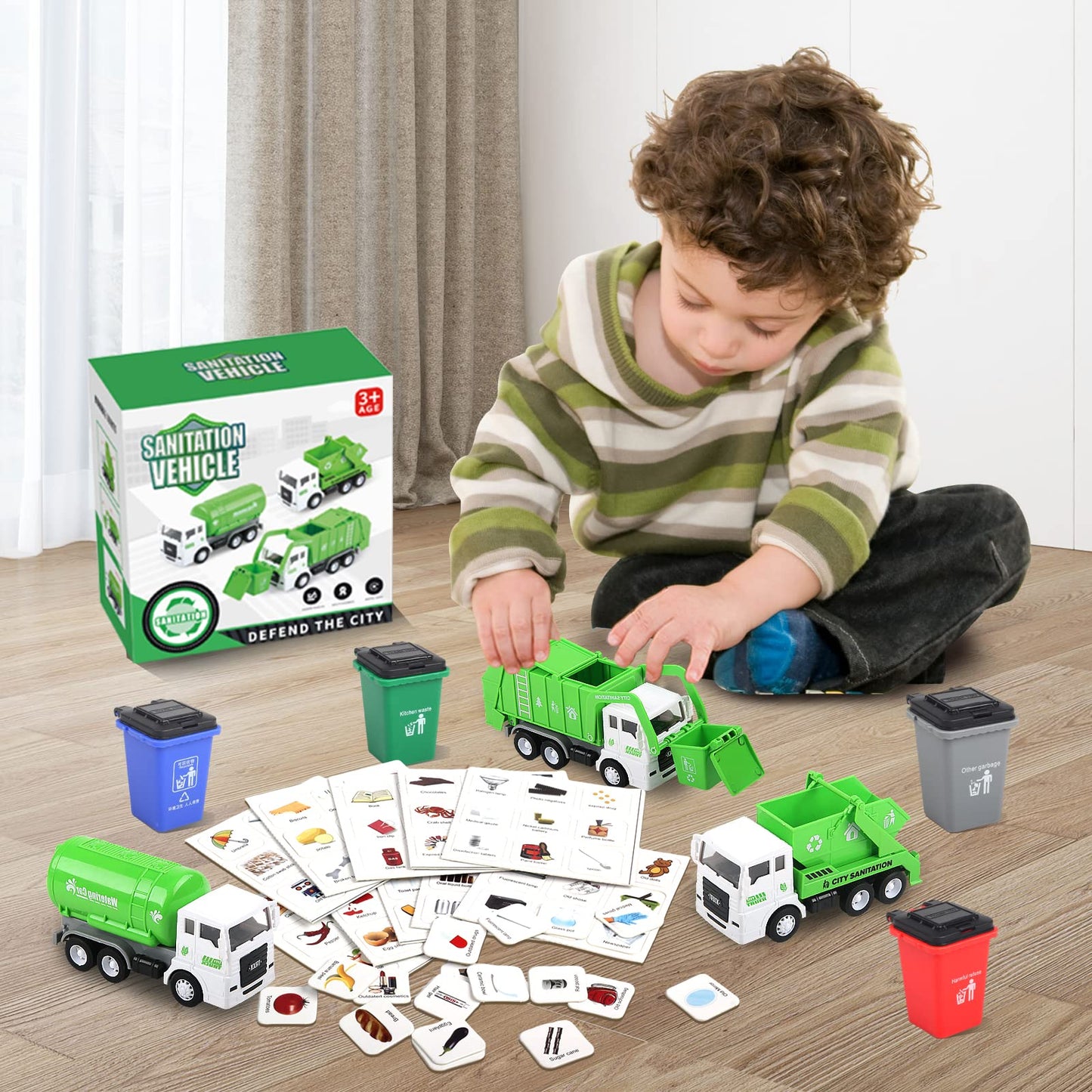 FIVEDAOGANG Garbage Truck Toy – 3 Pack Friction-Powered Waste Management Set with Front Loader, Back Dump, 4 Bins & 108 Trash Cards