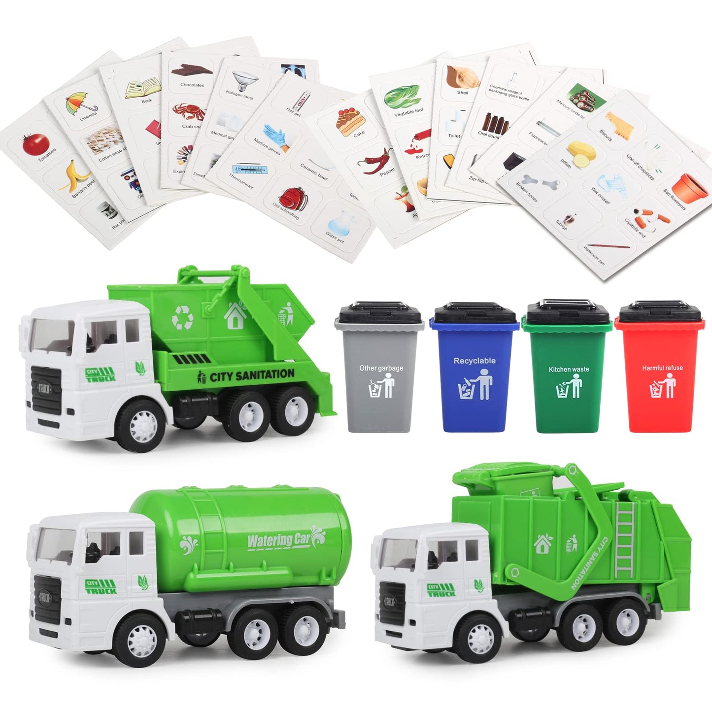 FIVEDAOGANG Garbage Truck Toy – 3 Pack Friction-Powered Waste Management Set with Front Loader, Back Dump, 4 Bins & 108 Trash Cards