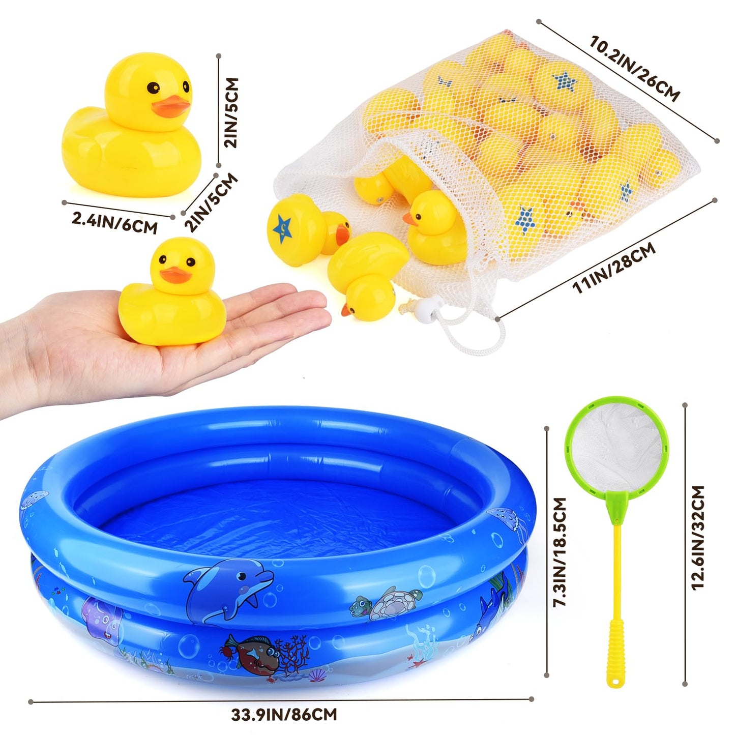 FIVEDAOGANG Duck Matching Game Toys for Kids – 20 Numbered Ducks, 34 x 7 Inch Kiddie Pool, Nets & Storage Bag