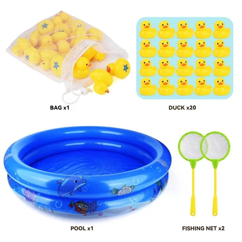FIVEDAOGANG Duck Matching Game Toys for Kids – 20 Numbered Ducks, 34 x 7 Inch Kiddie Pool, Nets & Storage Bag
